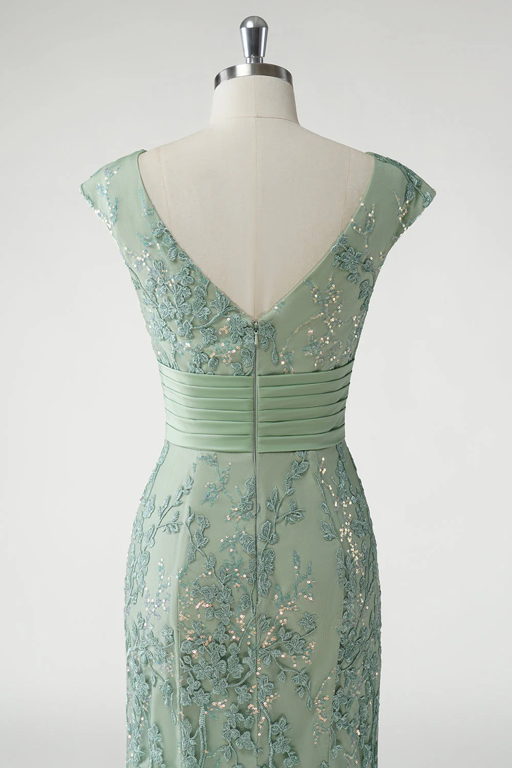 Green V-Neck Mermaid Appliques Sequins Cap Sleeves Prom Dress - Image 5
