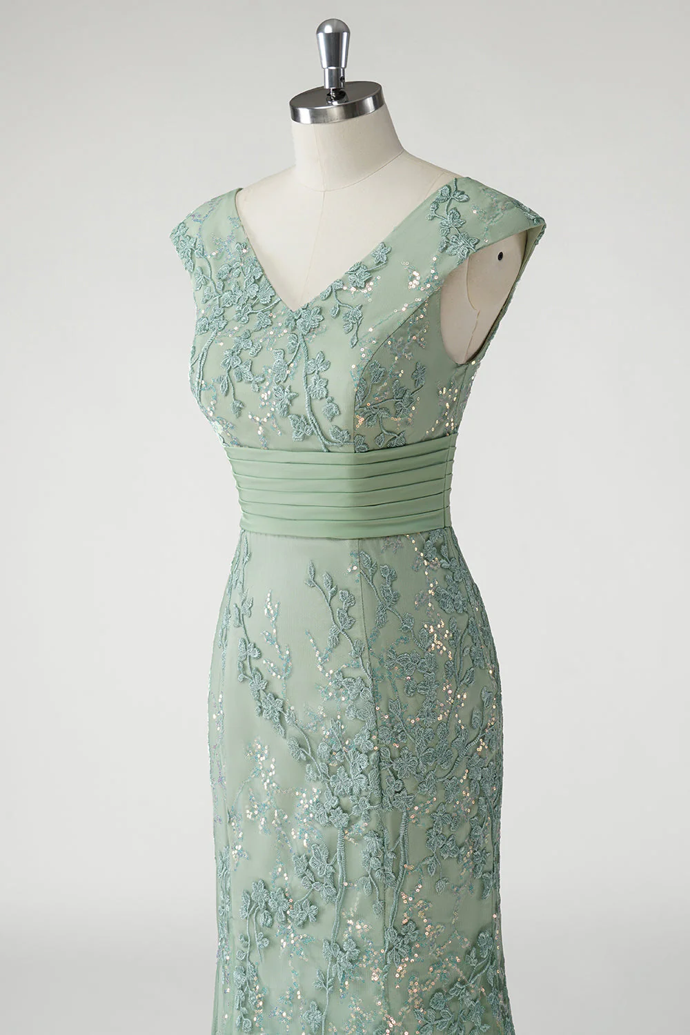 Green V-Neck Mermaid Appliques Sequins Cap Sleeves Prom Dress - Image 6