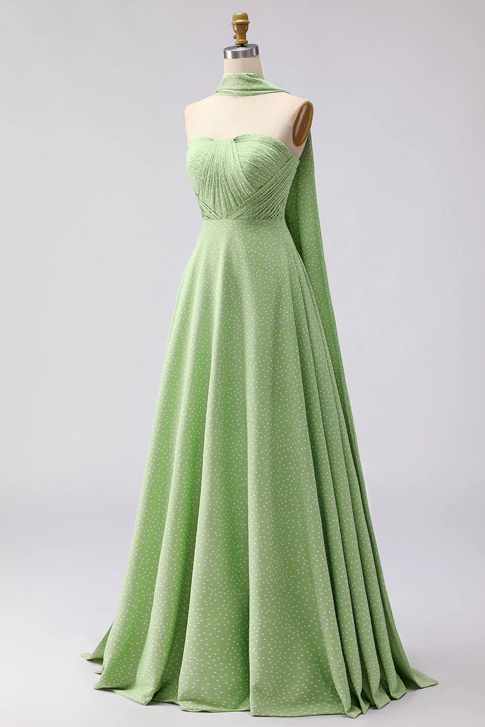 Green White Polka Dots A Line Strapless Pleated Convertible Long Bridesmaid Dress - Image 3