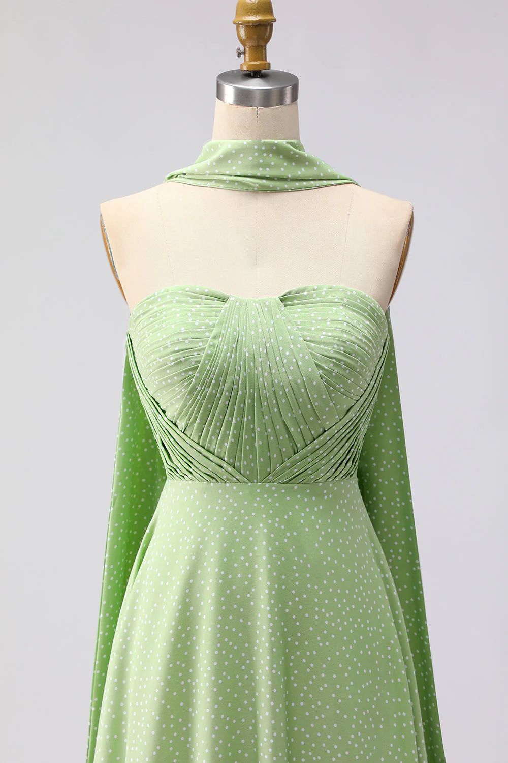 Green White Polka Dots A Line Strapless Pleated Convertible Long Bridesmaid Dress - Image 4