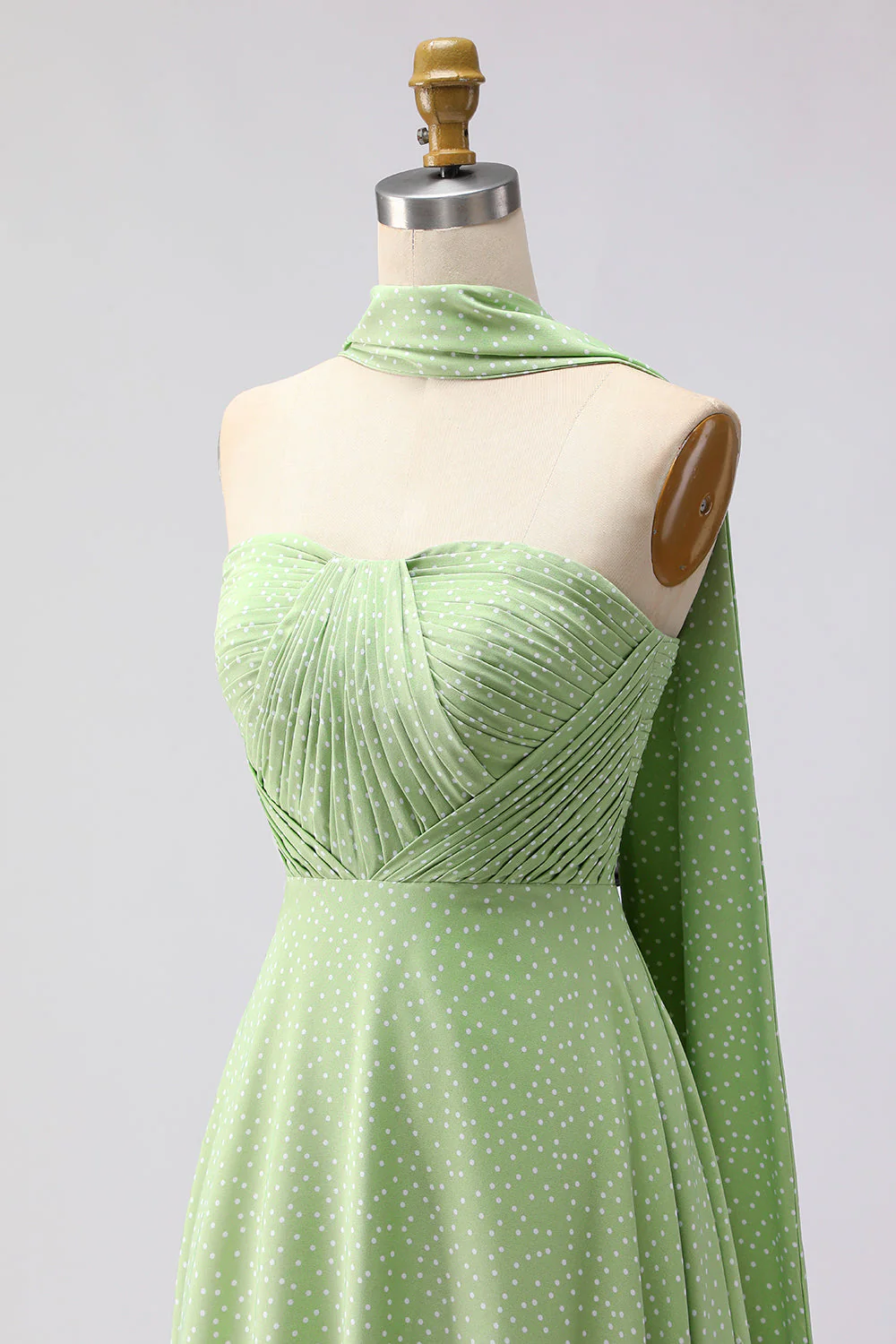 Green White Polka Dots A Line Strapless Pleated Convertible Long Bridesmaid Dress - Image 5