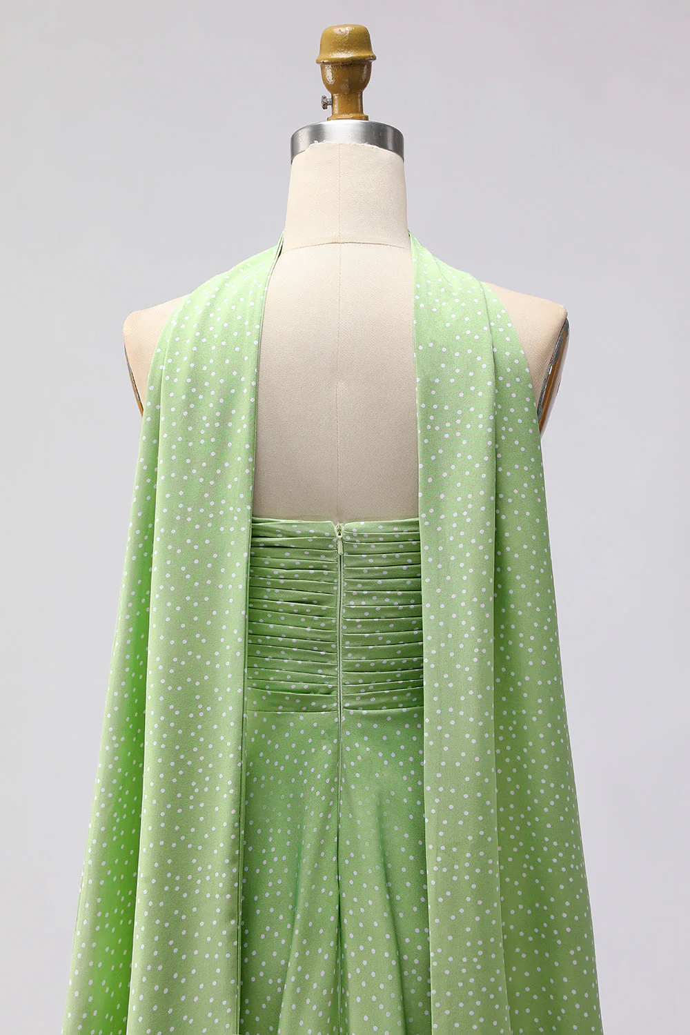 Green White Polka Dots A Line Strapless Pleated Convertible Long Bridesmaid Dress - Image 6