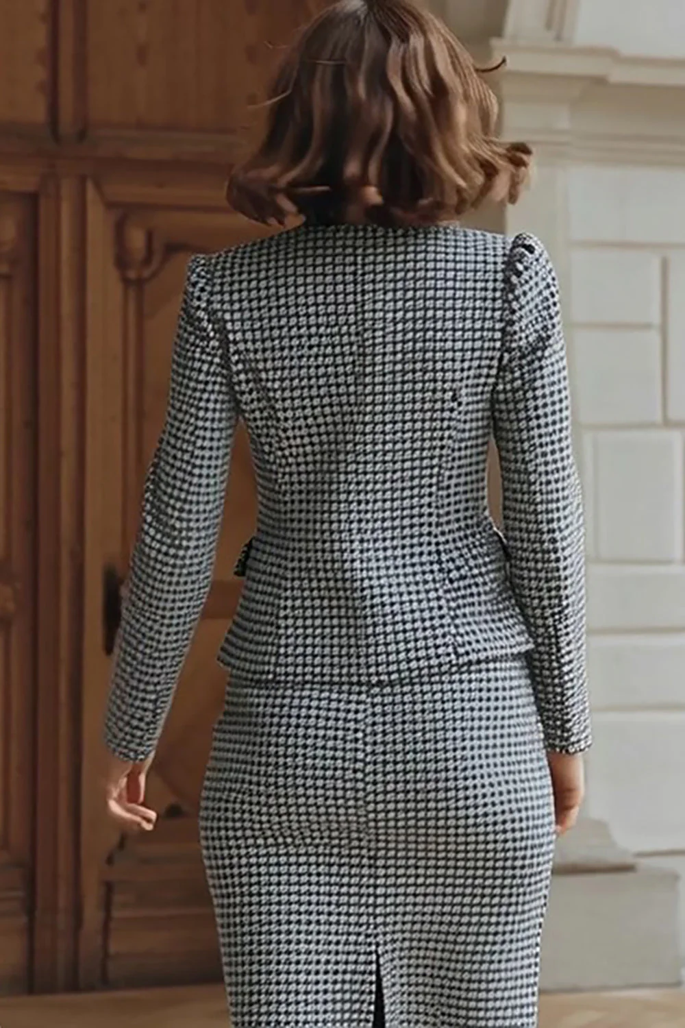 Grey 2 Piece Tweed Pencil Midi Work Dress - Image 2