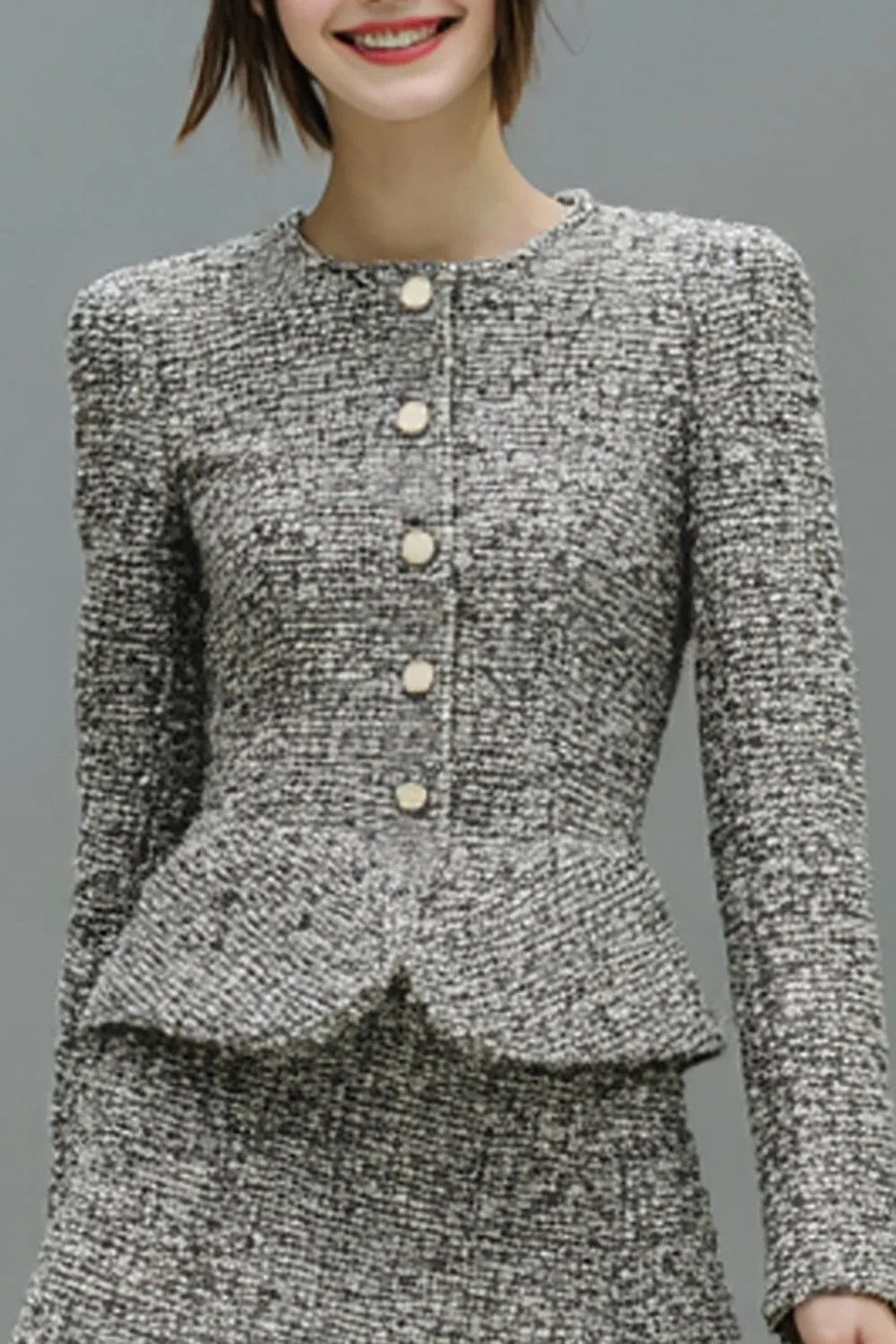 Grey 2 Piece Tweed Single Breasted Short Work Dress with Sleeves - Image 2