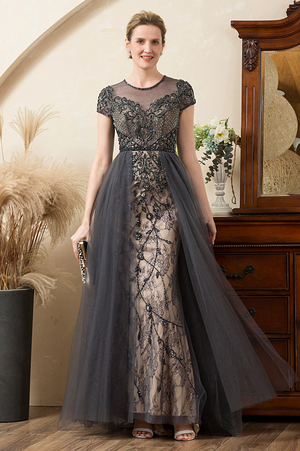 Grey A Line Tulle Beaded Glitter Mother of Bride Dress - Image 10
