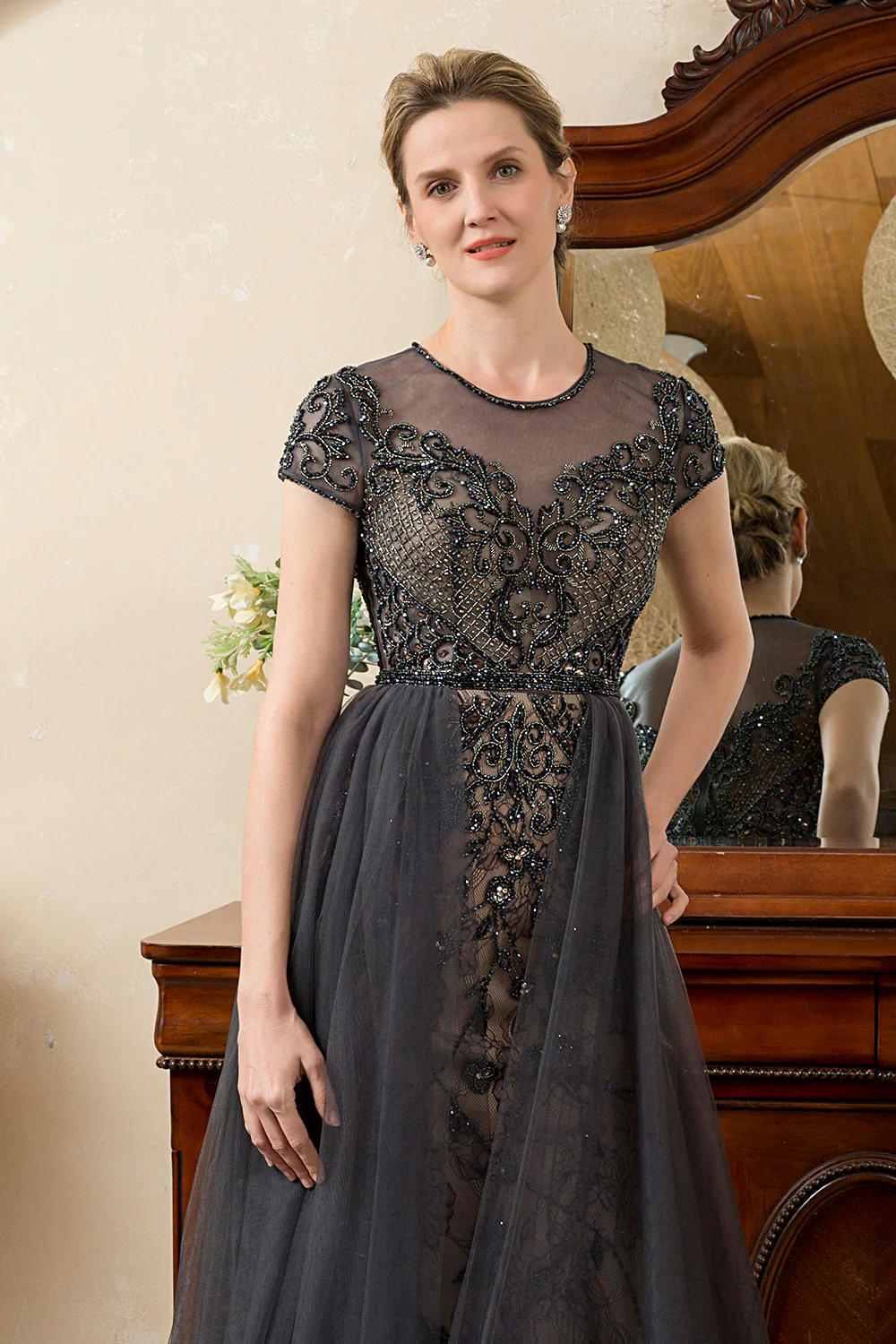 Grey A Line Tulle Beaded Glitter Mother of Bride Dress - Image 11
