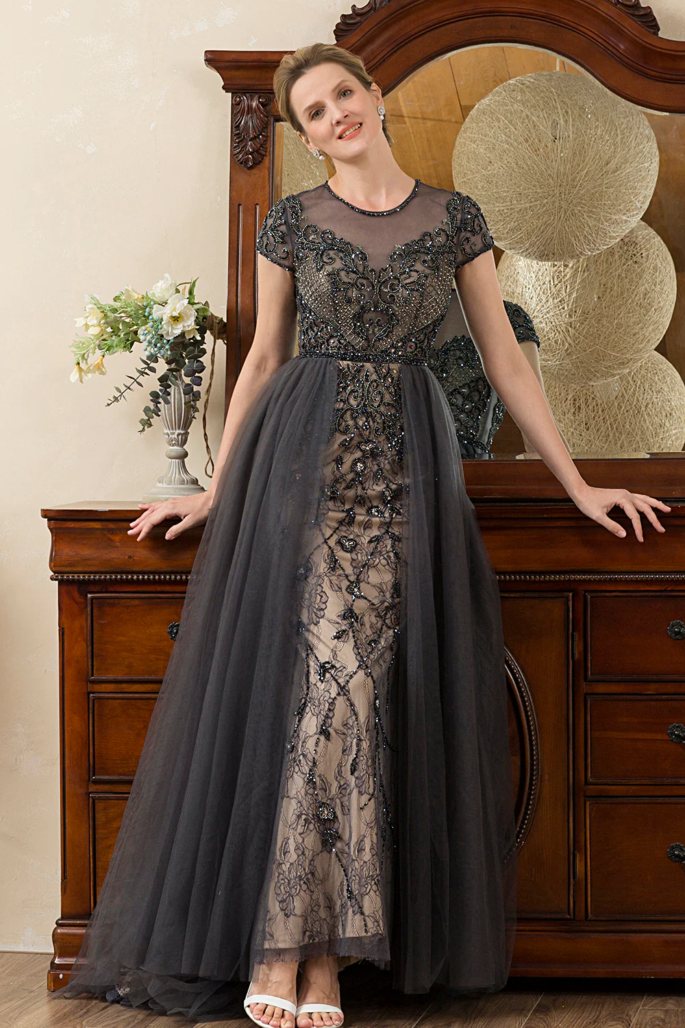 Grey A Line Tulle Beaded Glitter Mother of Bride Dress - Image 12