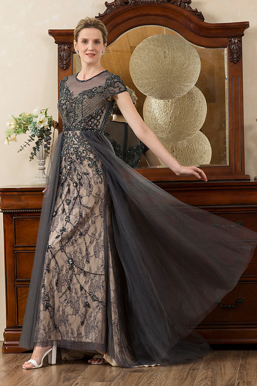 Grey A Line Tulle Beaded Glitter Mother of Bride Dress - Image 13