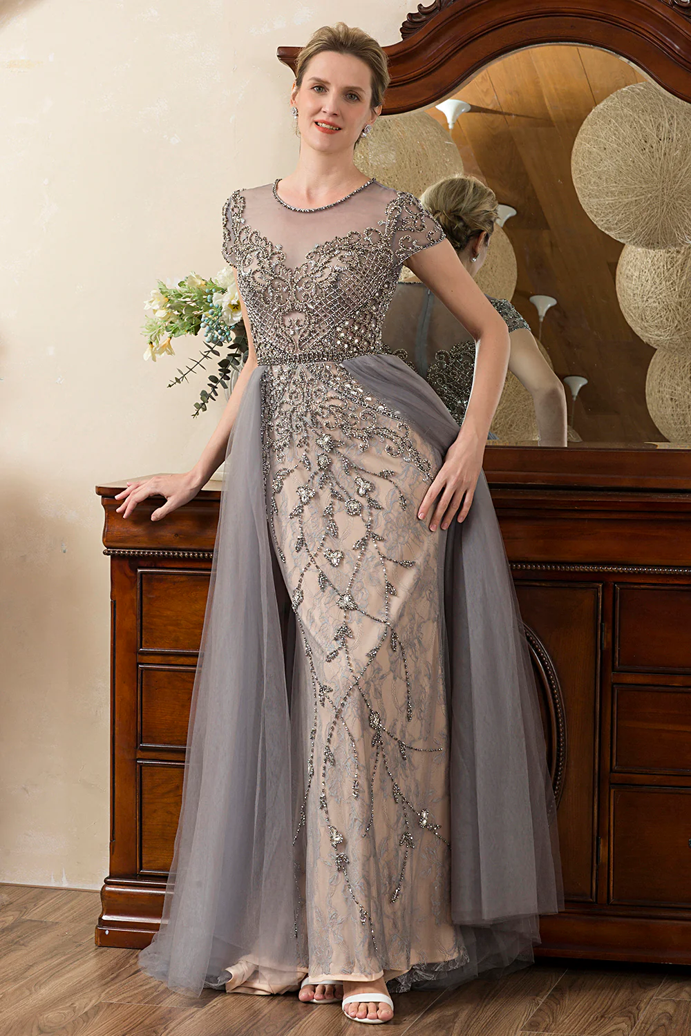 Grey A Line Tulle Beaded Glitter Mother of Bride Dress - Image 3
