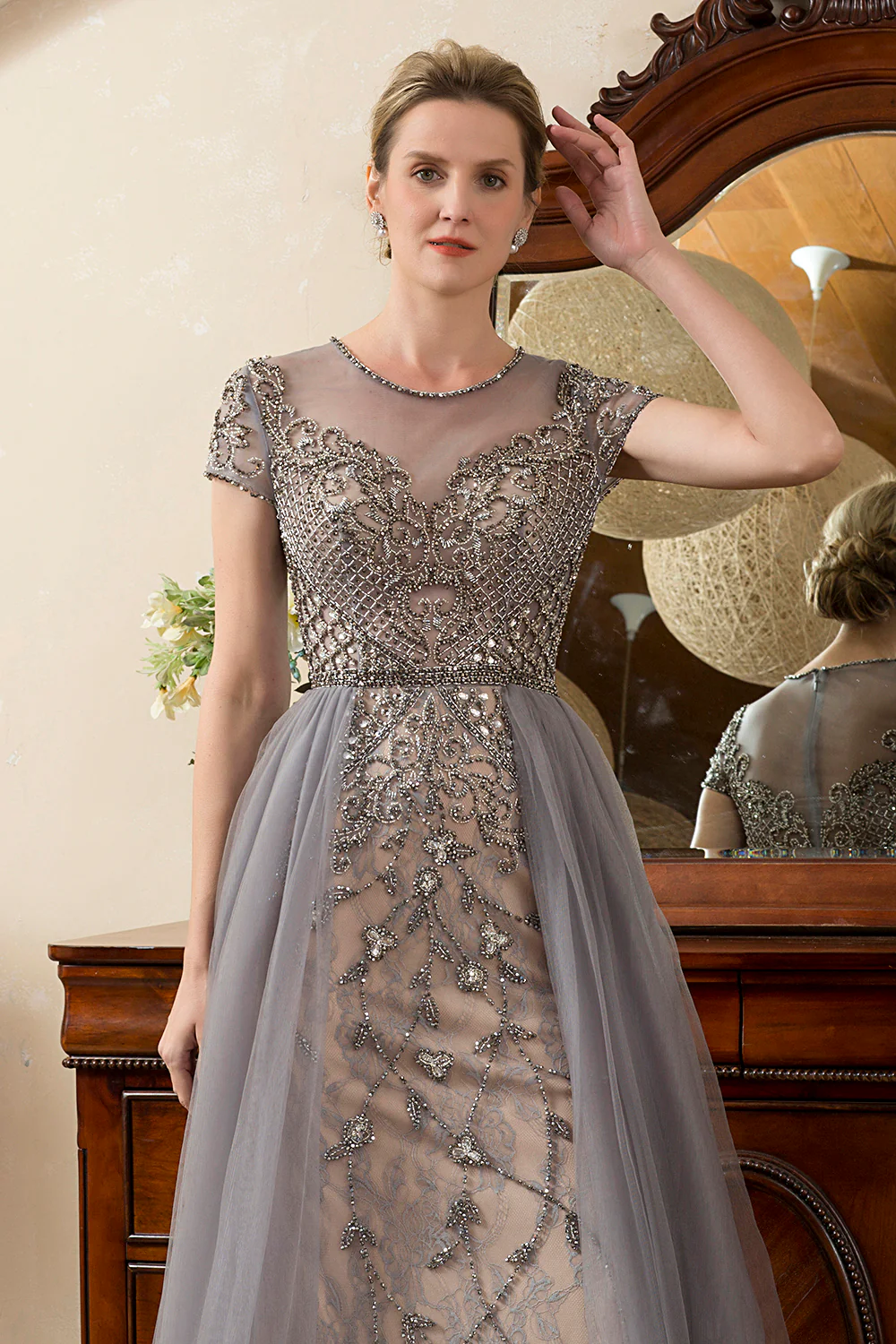 Grey A Line Tulle Beaded Glitter Mother of Bride Dress - Image 4