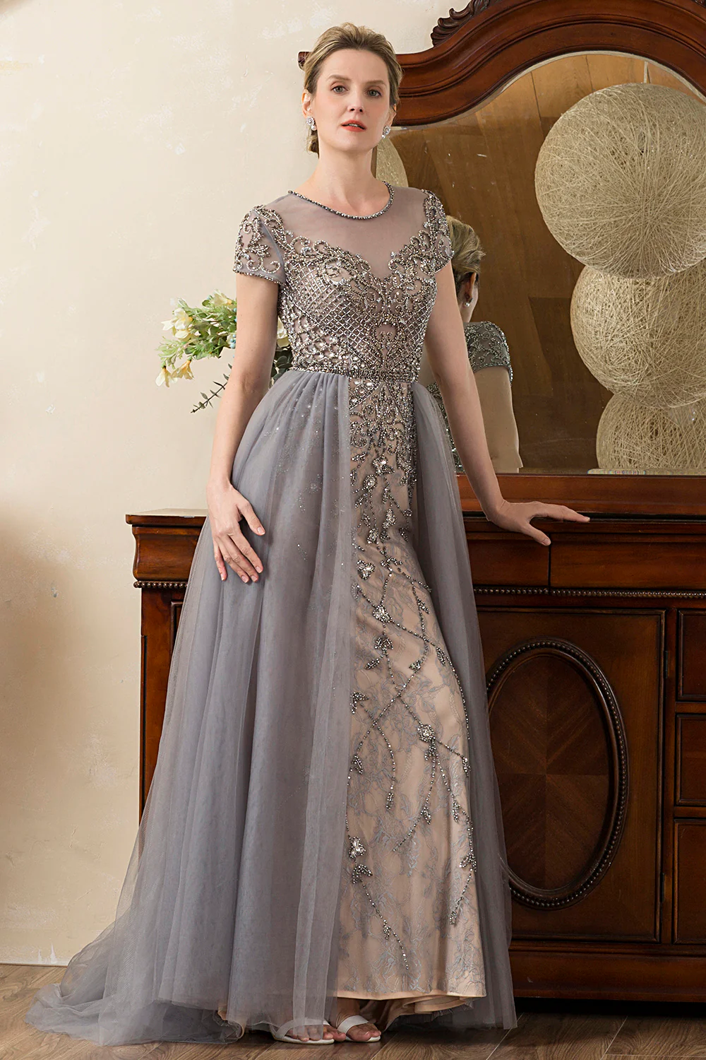Grey A Line Tulle Beaded Glitter Mother of Bride Dress - Image 5