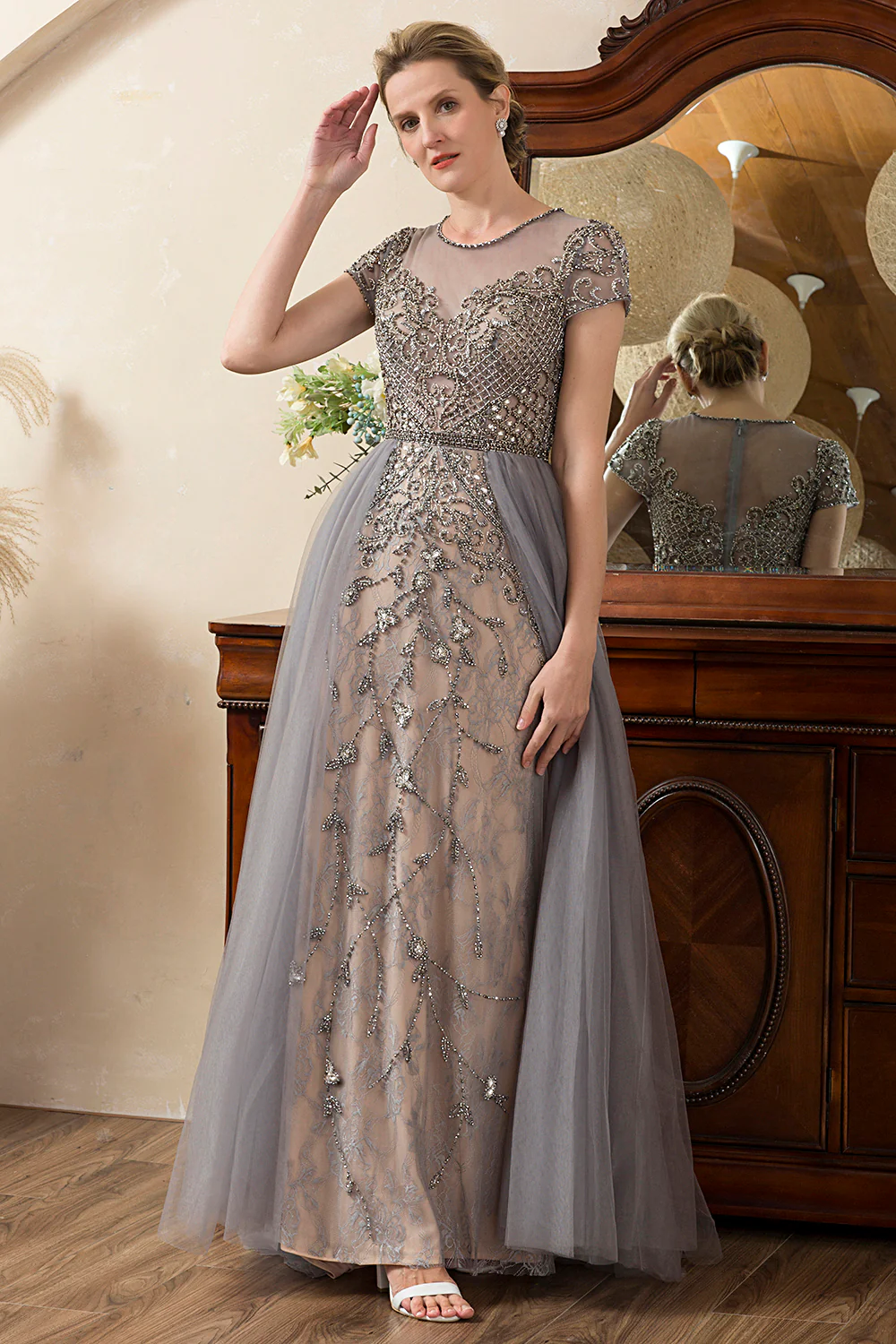 Grey A Line Tulle Beaded Glitter Mother of Bride Dress - Image 6