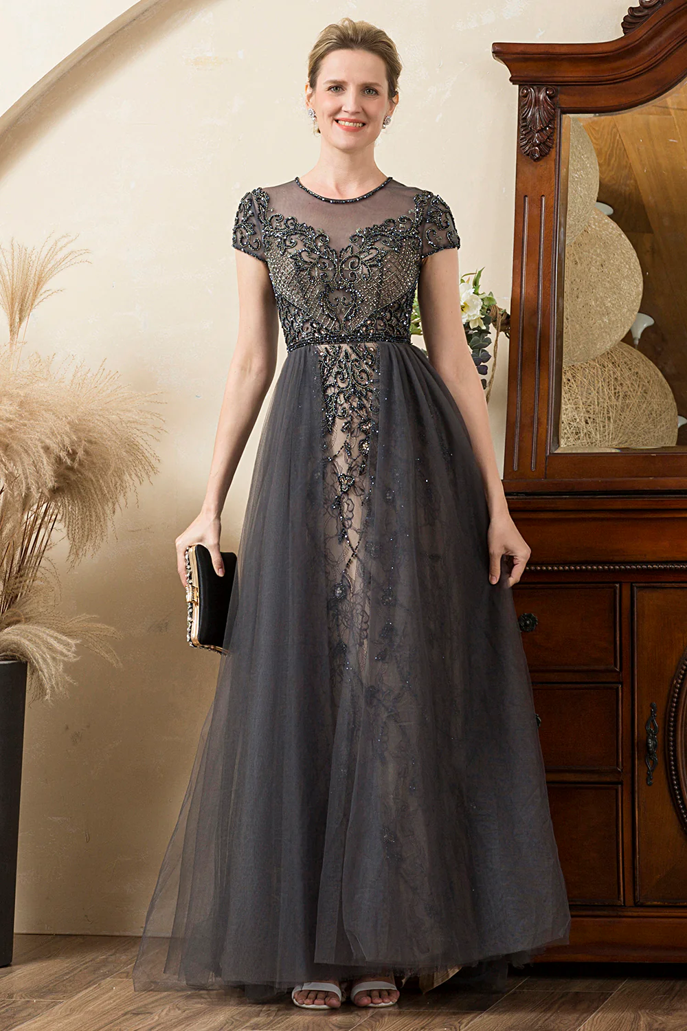 Grey A Line Tulle Beaded Glitter Mother of Bride Dress - Image 7