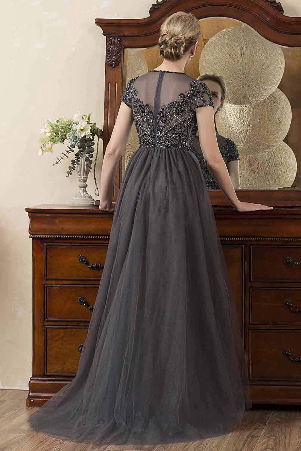 Grey A Line Tulle Beaded Glitter Mother of Bride Dress - Image 8