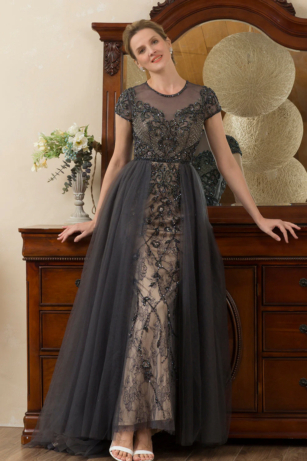 Grey A Line Tulle Beaded Glitter Mother of Bride Dress - Image 9
