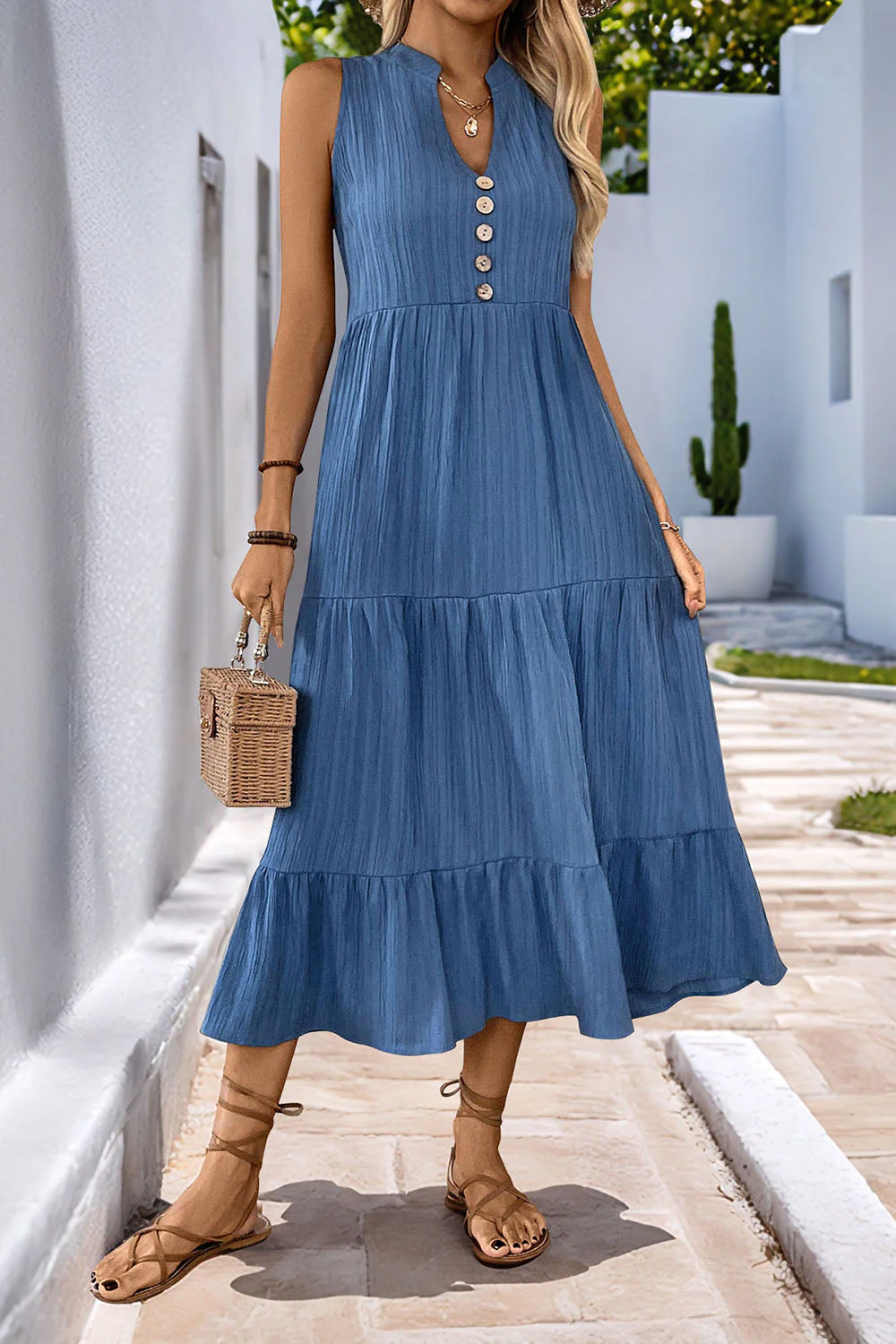 Grey Blue A Line Casual Summer Dress - Image 5