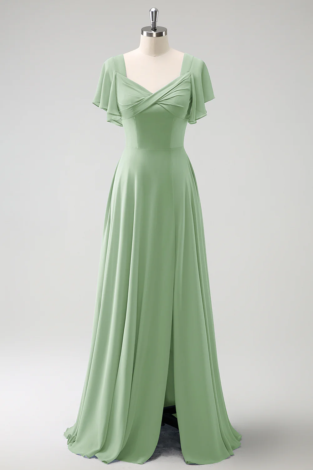 Grey Blue A Line Chiffon Long Bridesmaid Dress with Slit - Image 15