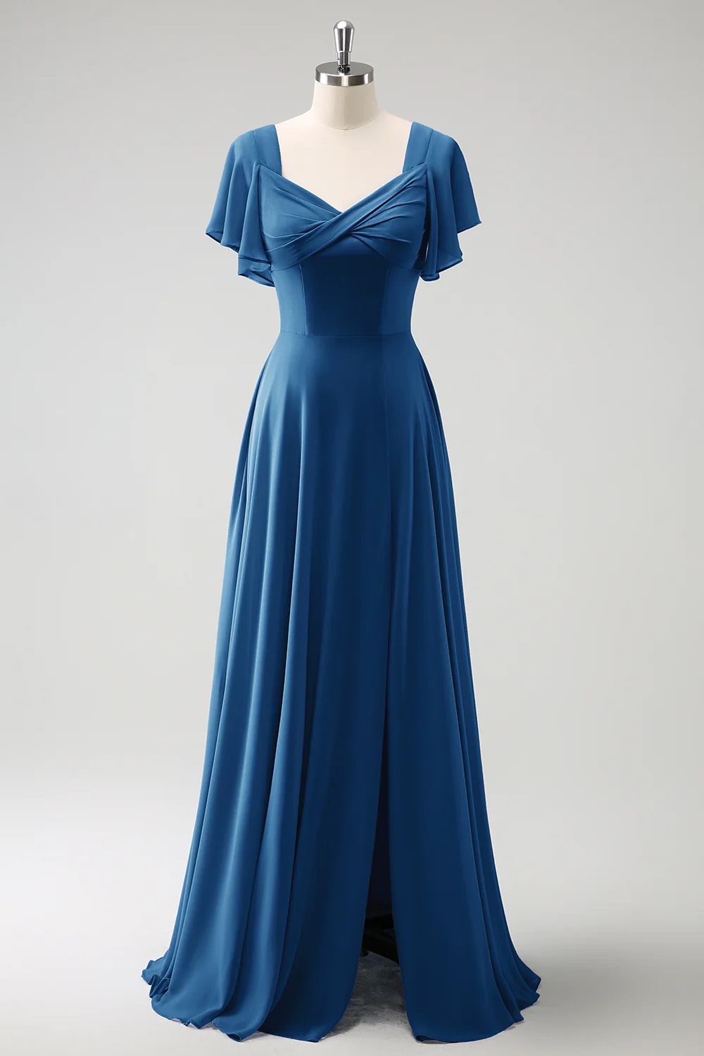 Grey Blue A Line Chiffon Long Bridesmaid Dress with Slit - Image 19