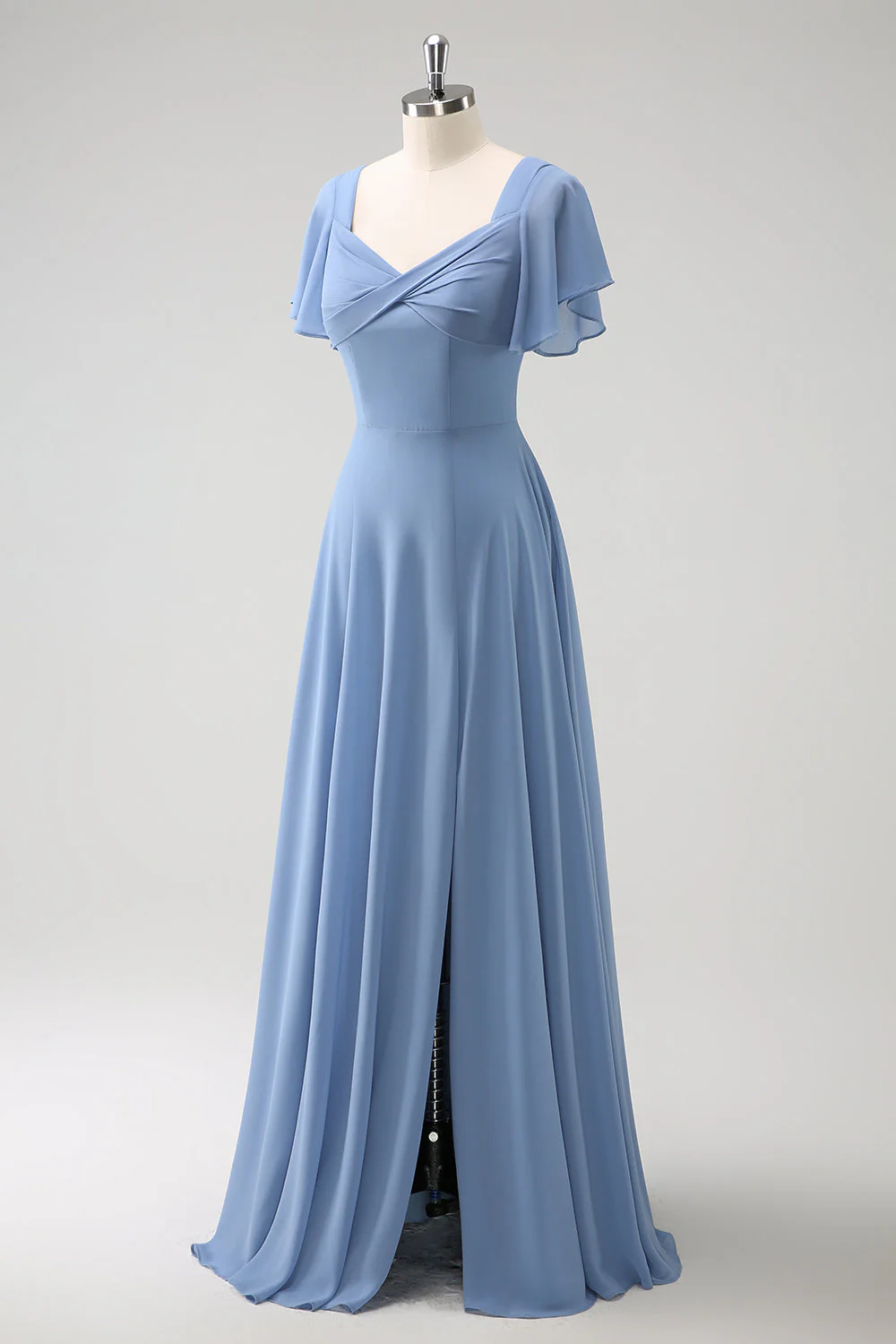 Grey Blue A Line Chiffon Long Bridesmaid Dress with Slit - Image 3