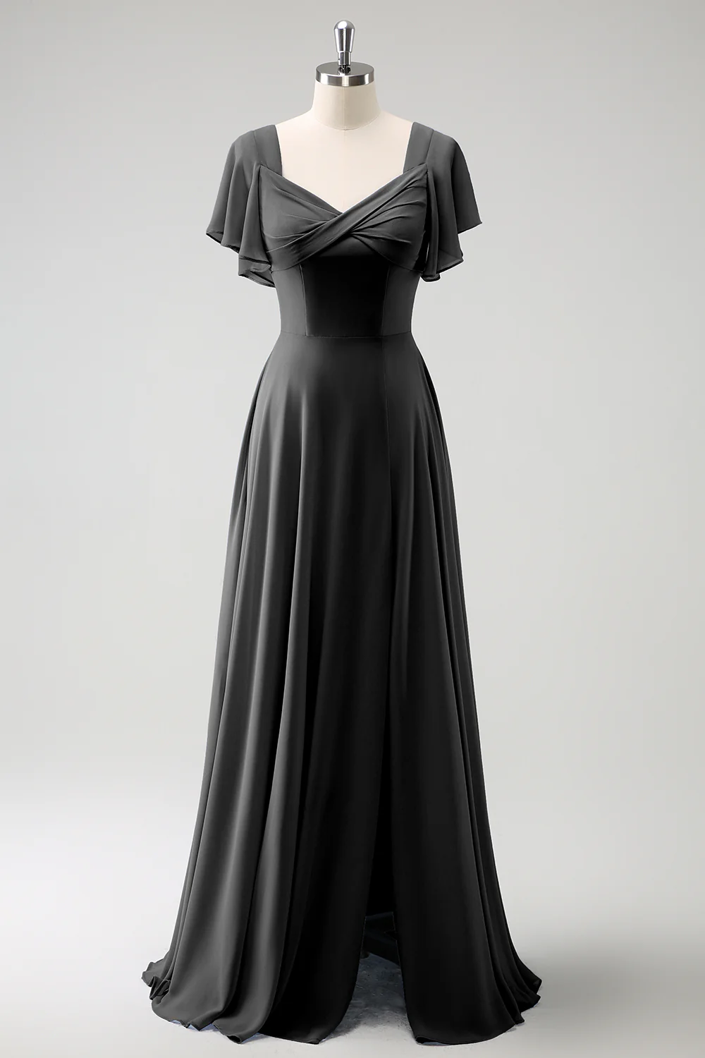 Grey Blue A Line Chiffon Long Bridesmaid Dress with Slit - Image 7