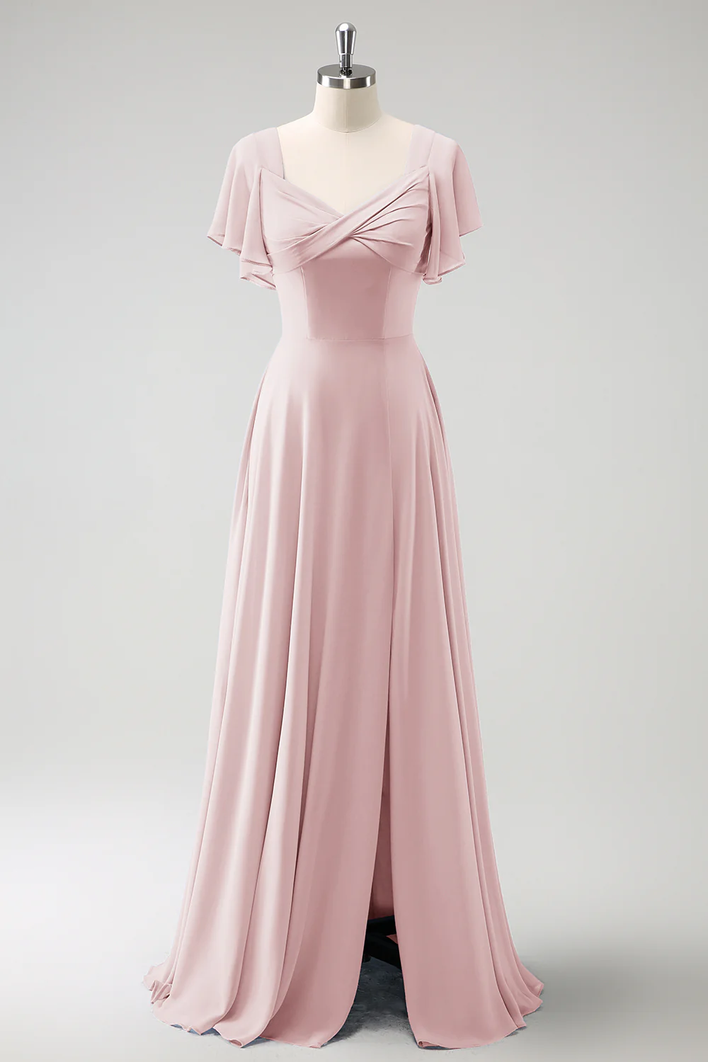 Grey Blue A Line Chiffon Long Bridesmaid Dress with Slit - Image 9