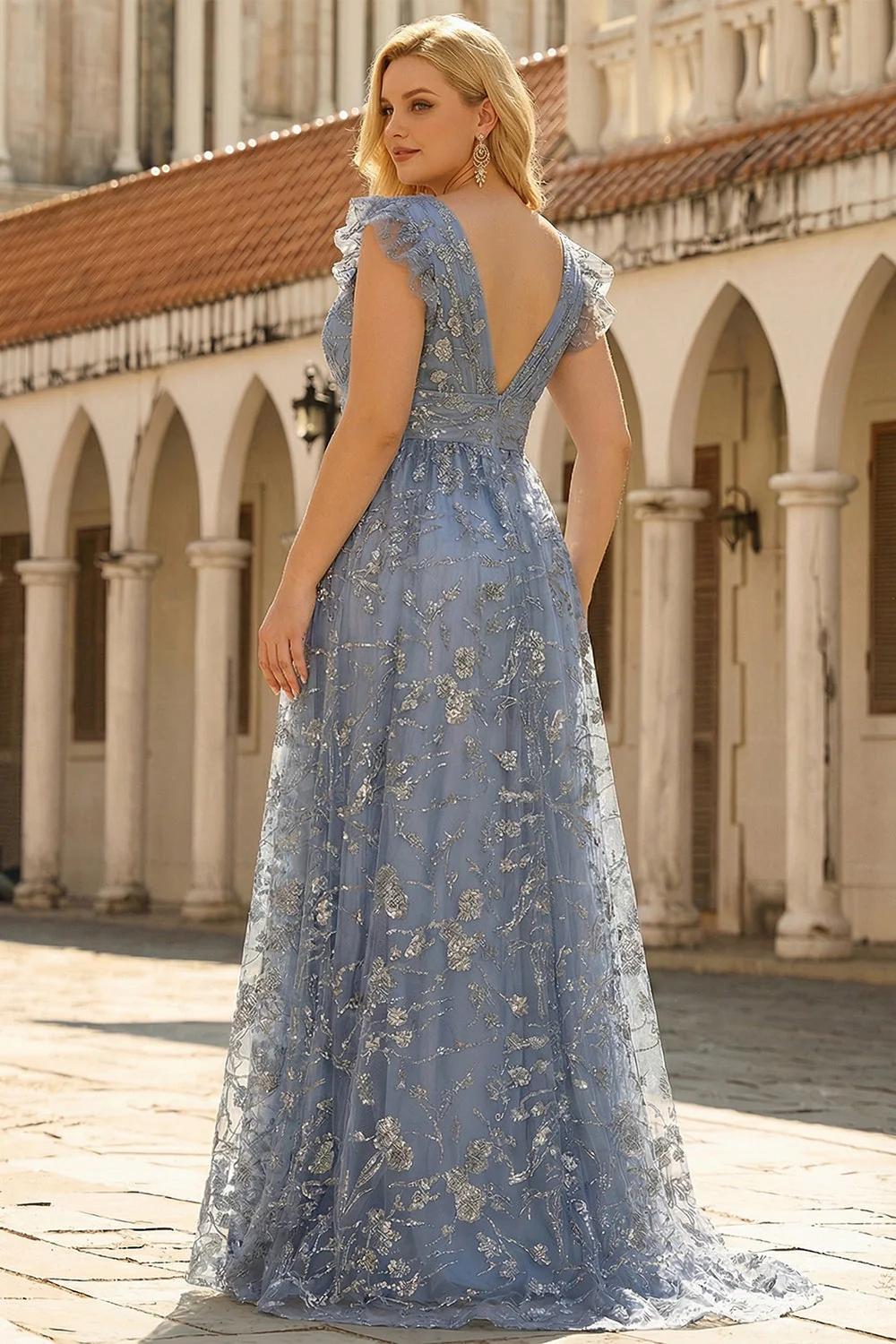 Grey Blue A Line Deep V Neck Open Back Plus Size Prom Dress with Sequins - Image 2