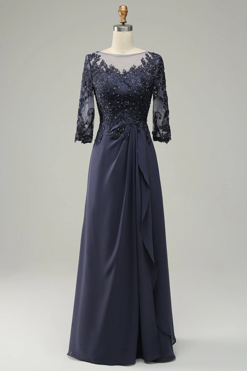 Grey Blue A-Line Half Sleeves Choir Dress with Embroidery - Image 3
