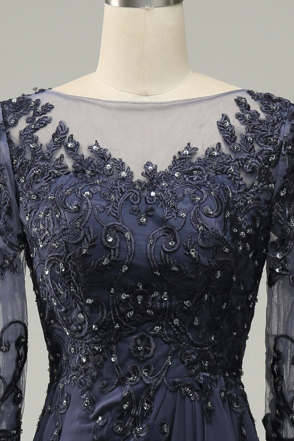Grey Blue A-Line Half Sleeves Choir Dress with Embroidery - Image 5