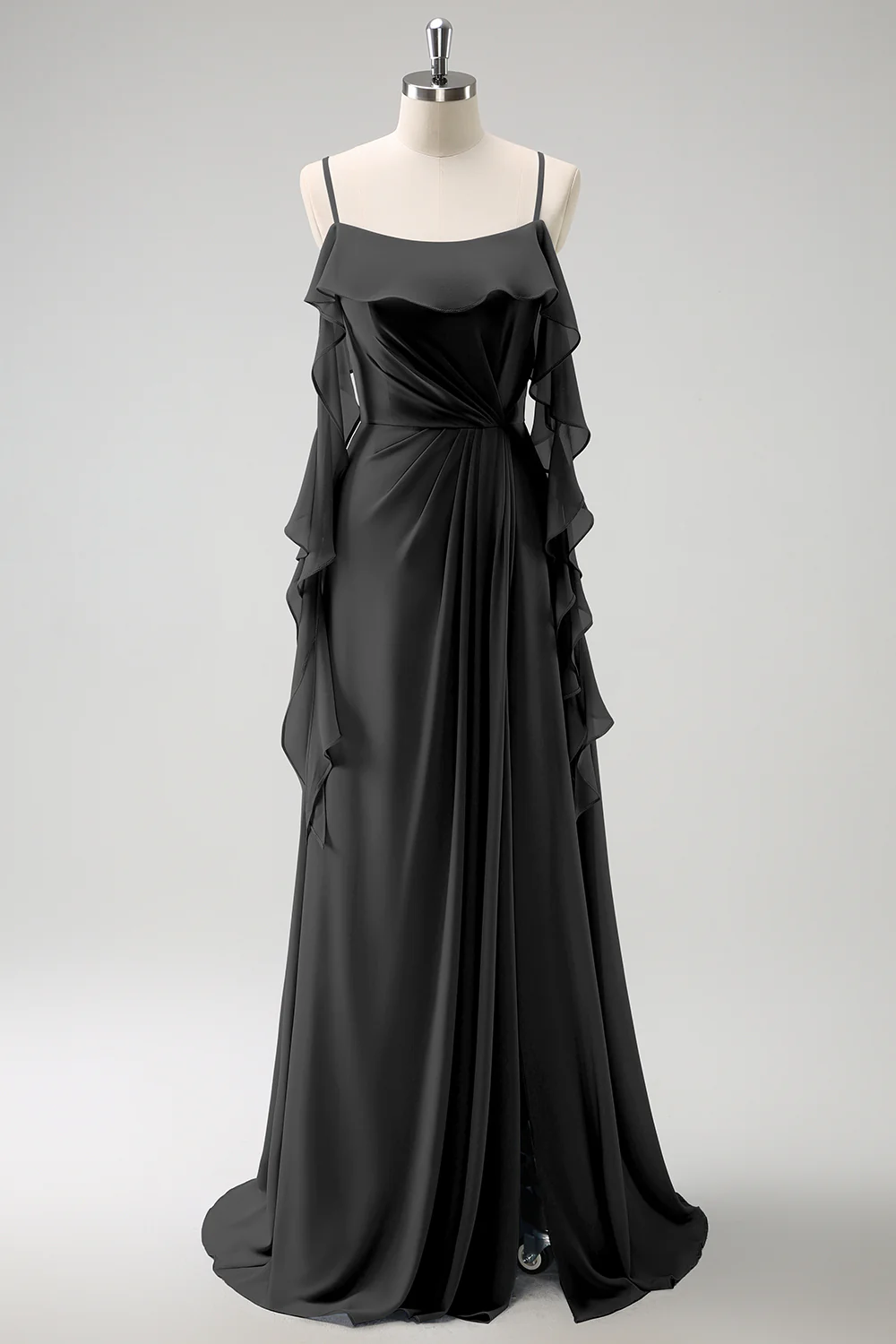 Grey Blue A-Line Spaghetti Straps Chiffon Long Bridesmaid Dress with Slit - Image 10