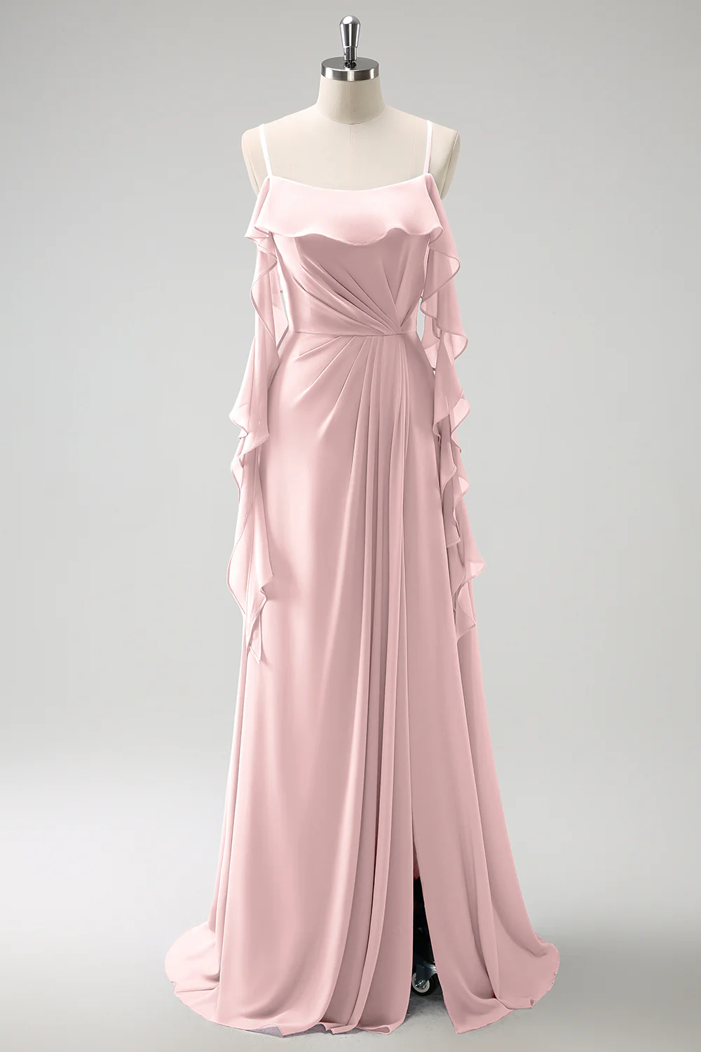 Grey Blue A-Line Spaghetti Straps Chiffon Long Bridesmaid Dress with Slit - Image 12