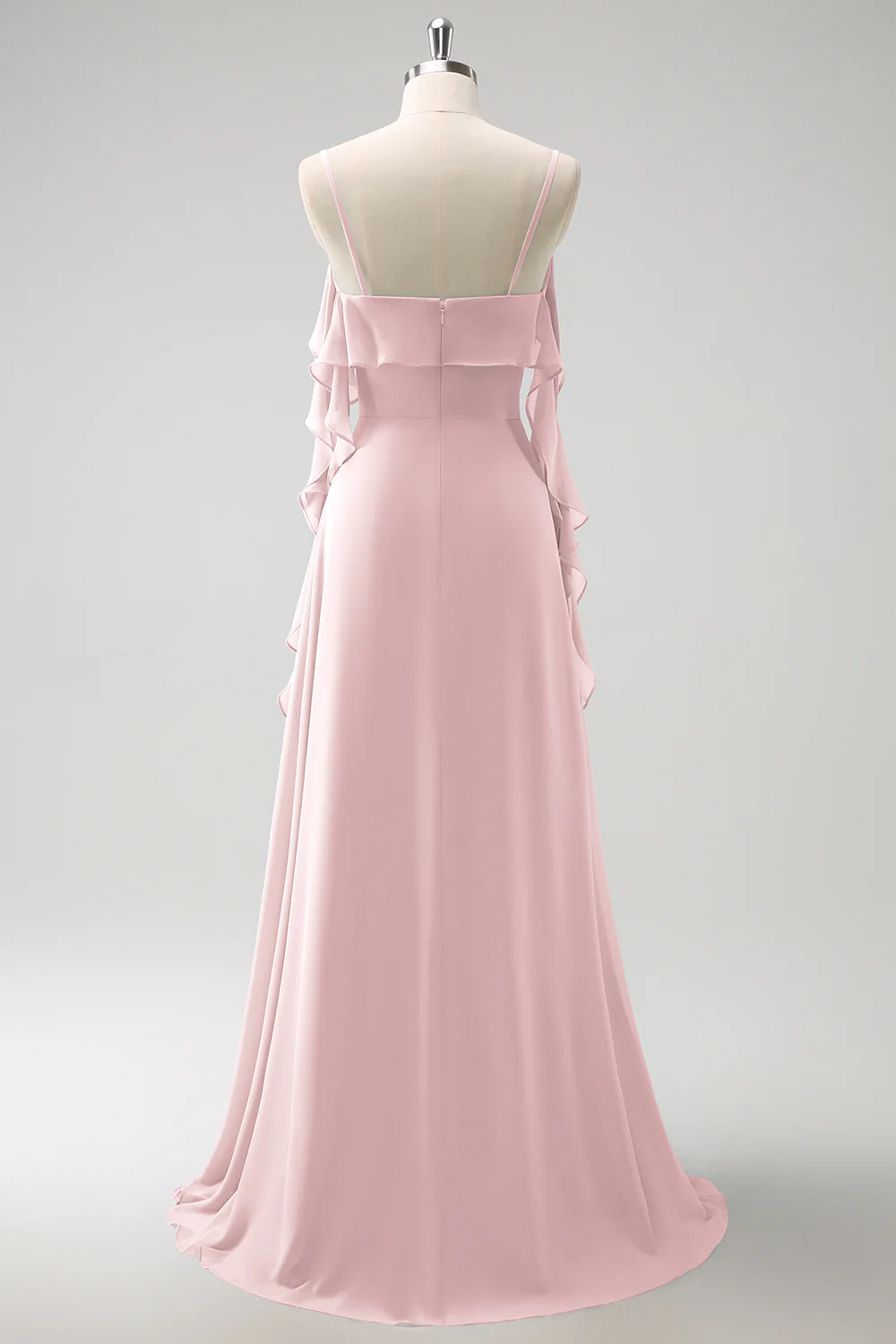 Grey Blue A-Line Spaghetti Straps Chiffon Long Bridesmaid Dress with Slit - Image 13