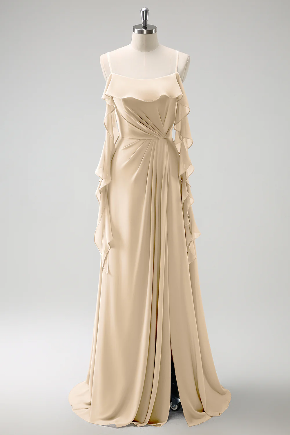 Grey Blue A-Line Spaghetti Straps Chiffon Long Bridesmaid Dress with Slit - Image 14