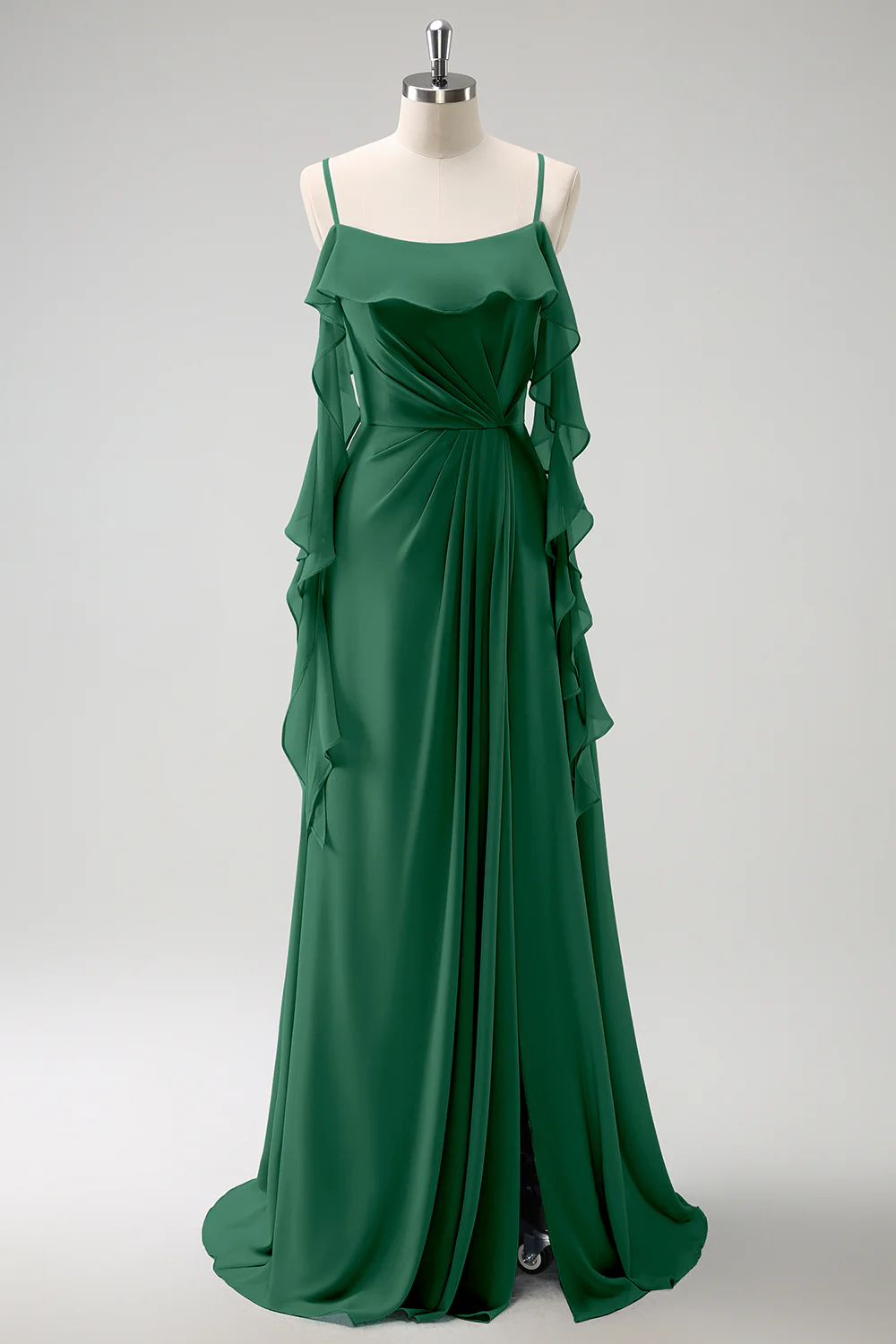 Grey Blue A-Line Spaghetti Straps Chiffon Long Bridesmaid Dress with Slit - Image 16