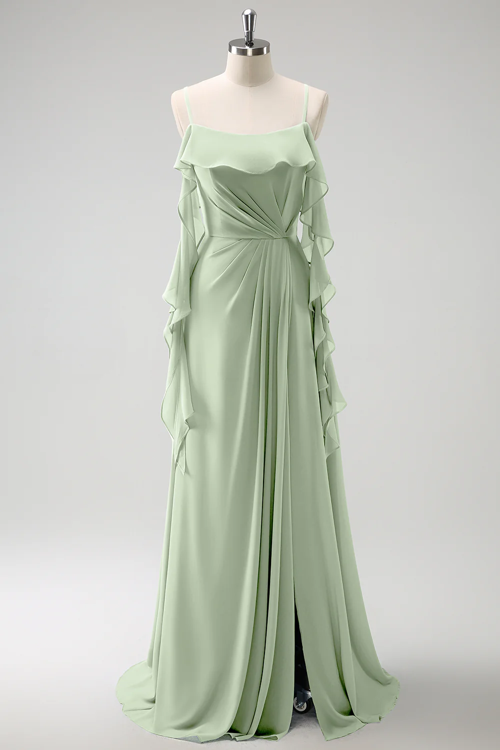Grey Blue A-Line Spaghetti Straps Chiffon Long Bridesmaid Dress with Slit - Image 18