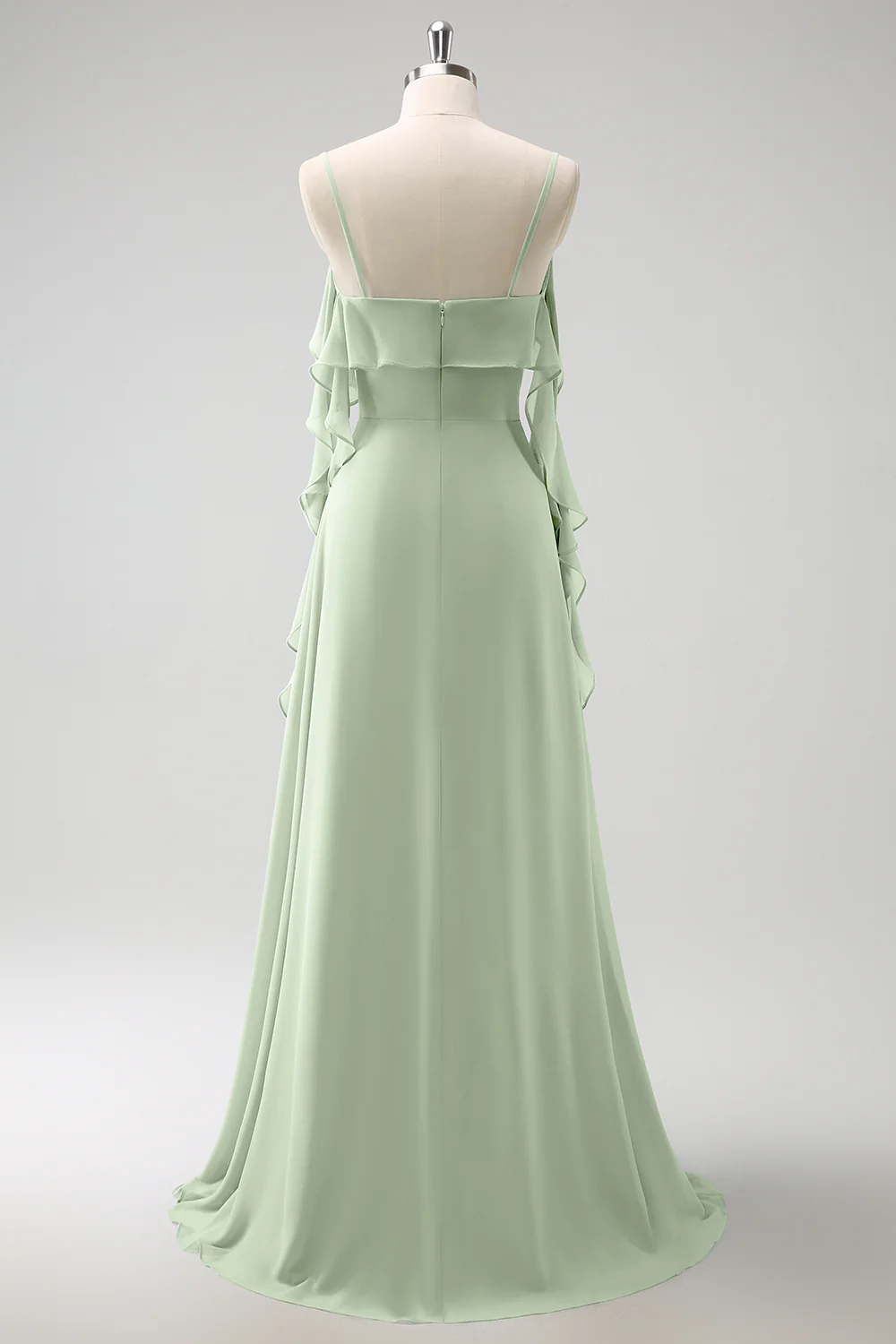 Grey Blue A-Line Spaghetti Straps Chiffon Long Bridesmaid Dress with Slit - Image 19