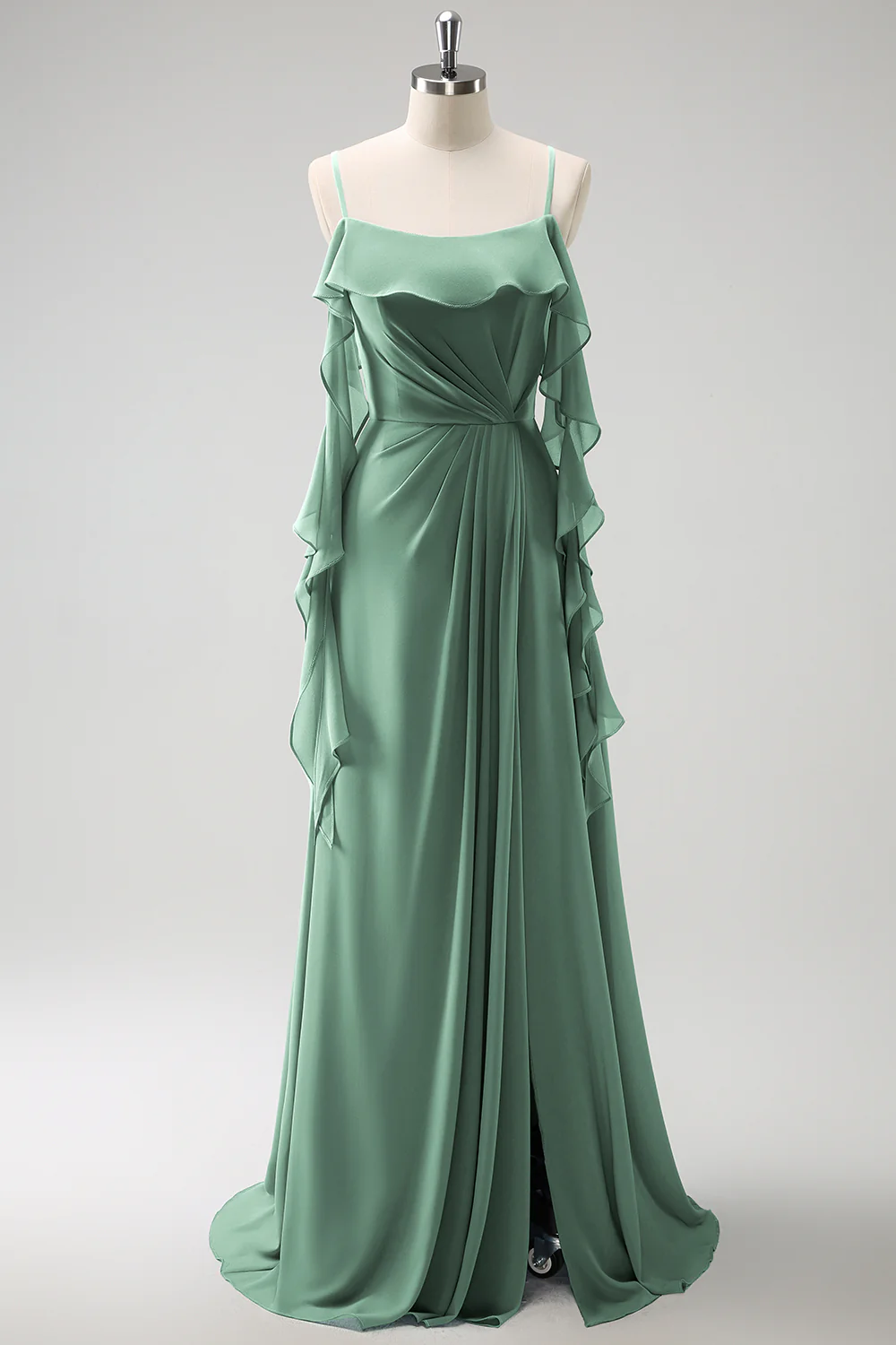 Grey Blue A-Line Spaghetti Straps Chiffon Long Bridesmaid Dress with Slit - Image 20