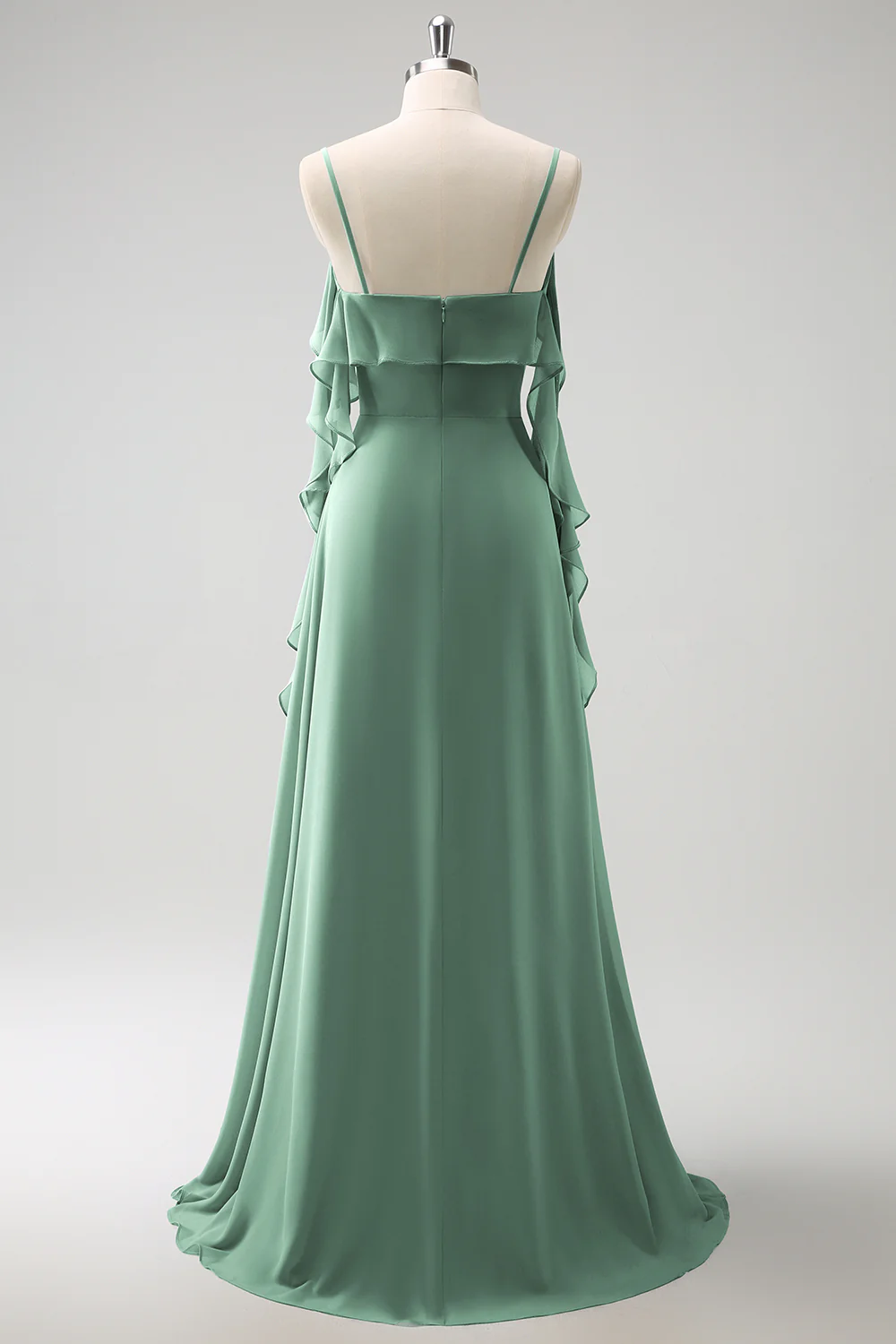 Grey Blue A-Line Spaghetti Straps Chiffon Long Bridesmaid Dress with Slit - Image 21