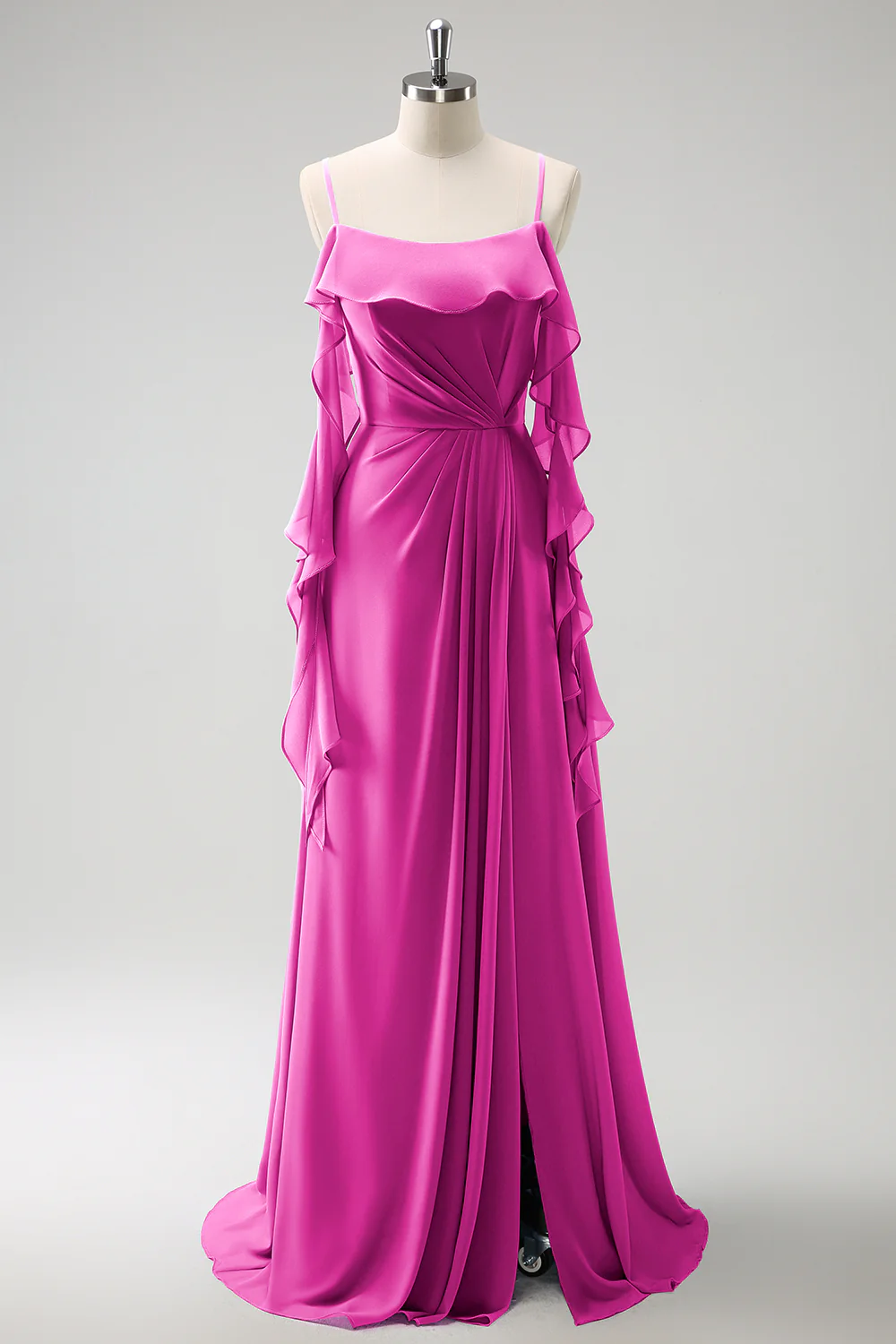 Grey Blue A-Line Spaghetti Straps Chiffon Long Bridesmaid Dress with Slit - Image 22