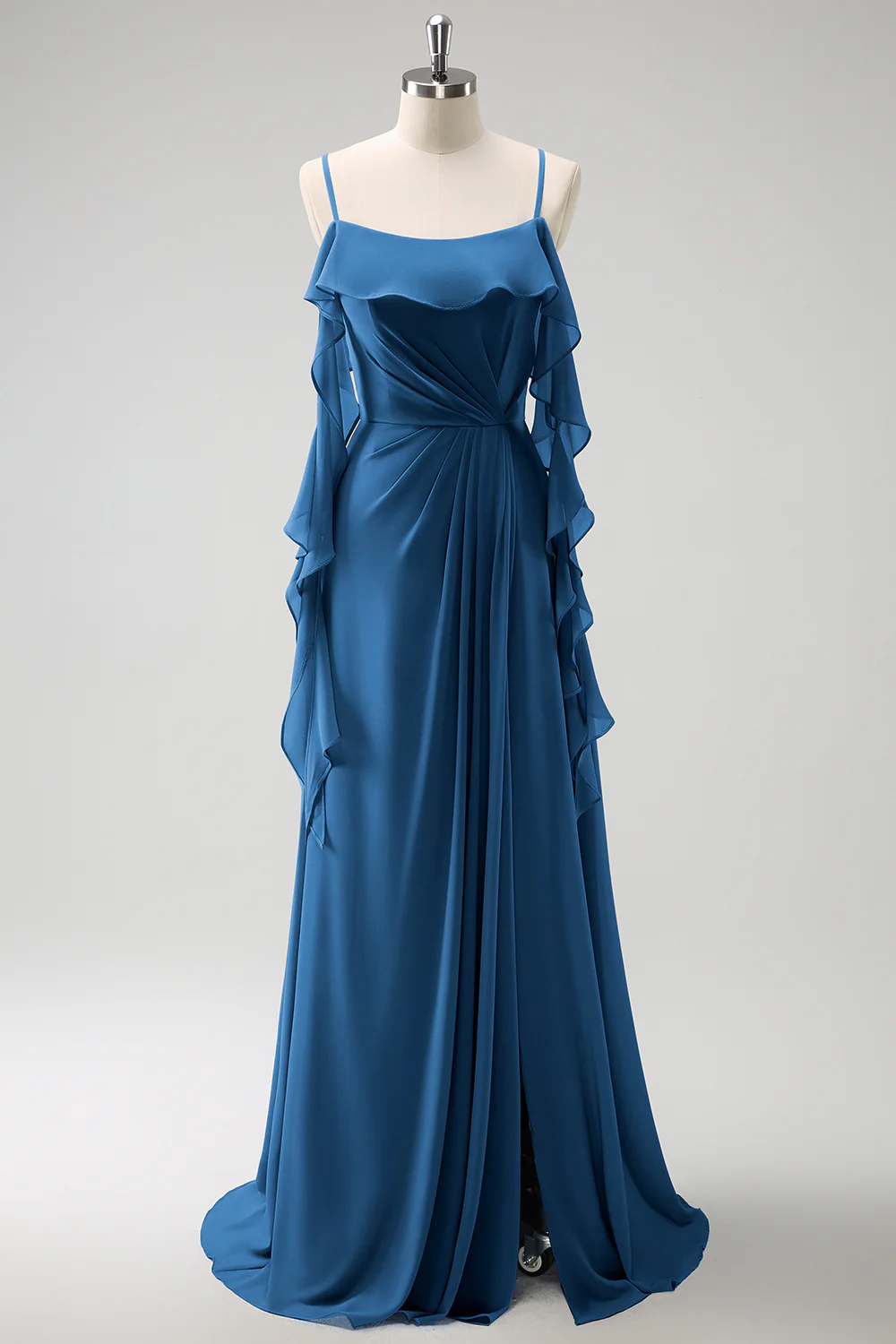 Grey Blue A-Line Spaghetti Straps Chiffon Long Bridesmaid Dress with Slit - Image 24
