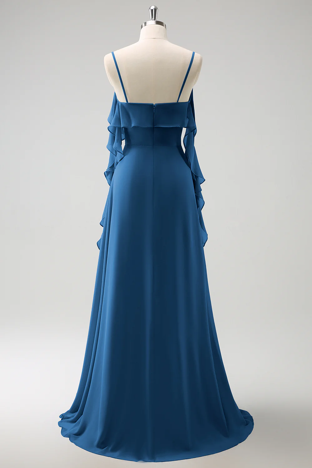 Grey Blue A-Line Spaghetti Straps Chiffon Long Bridesmaid Dress with Slit - Image 25