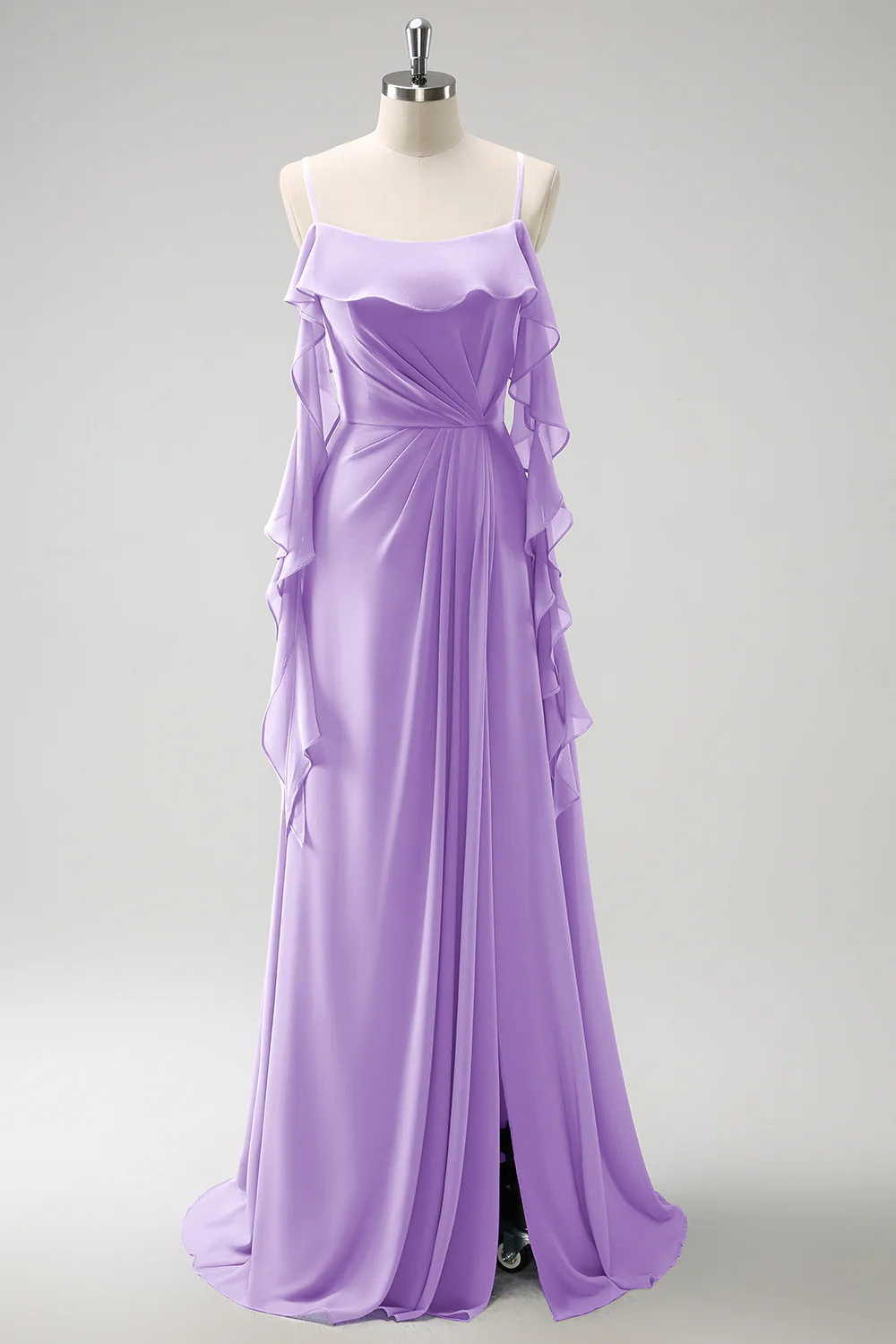 Grey Blue A-Line Spaghetti Straps Chiffon Long Bridesmaid Dress with Slit - Image 26