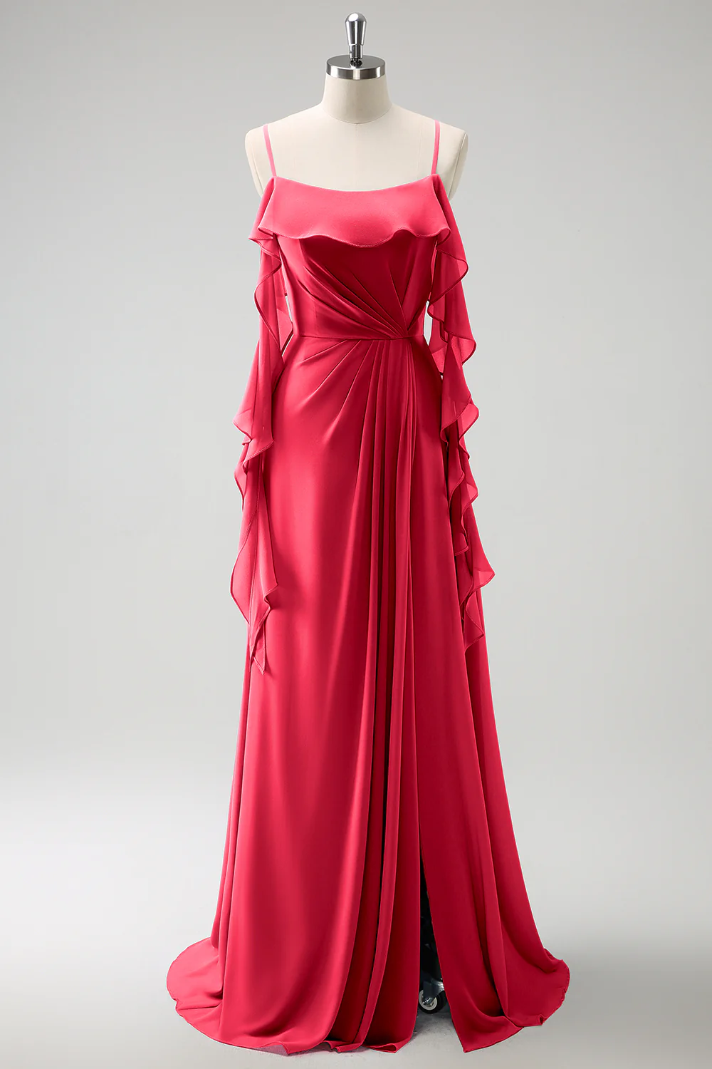 Grey Blue A-Line Spaghetti Straps Chiffon Long Bridesmaid Dress with Slit - Image 28