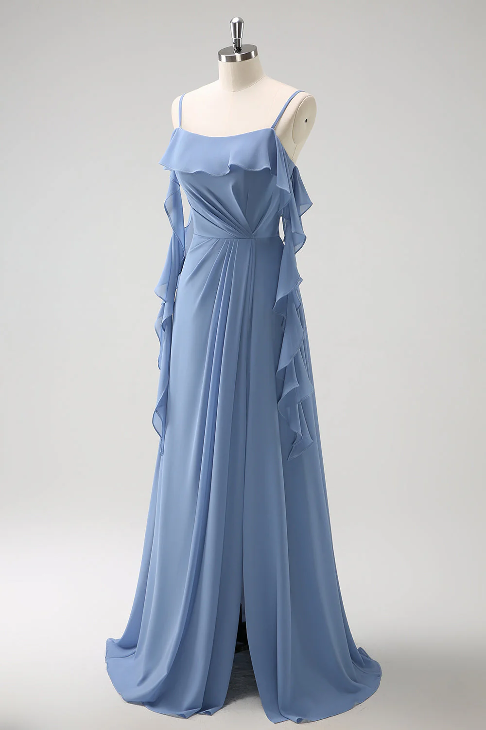 Grey Blue A-Line Spaghetti Straps Chiffon Long Bridesmaid Dress with Slit - Image 3