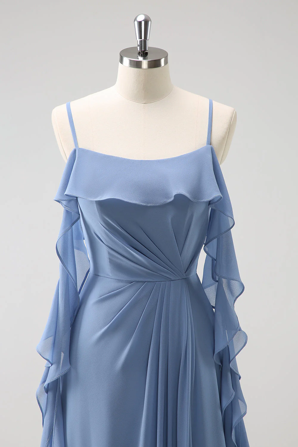 Grey Blue A-Line Spaghetti Straps Chiffon Long Bridesmaid Dress with Slit - Image 4