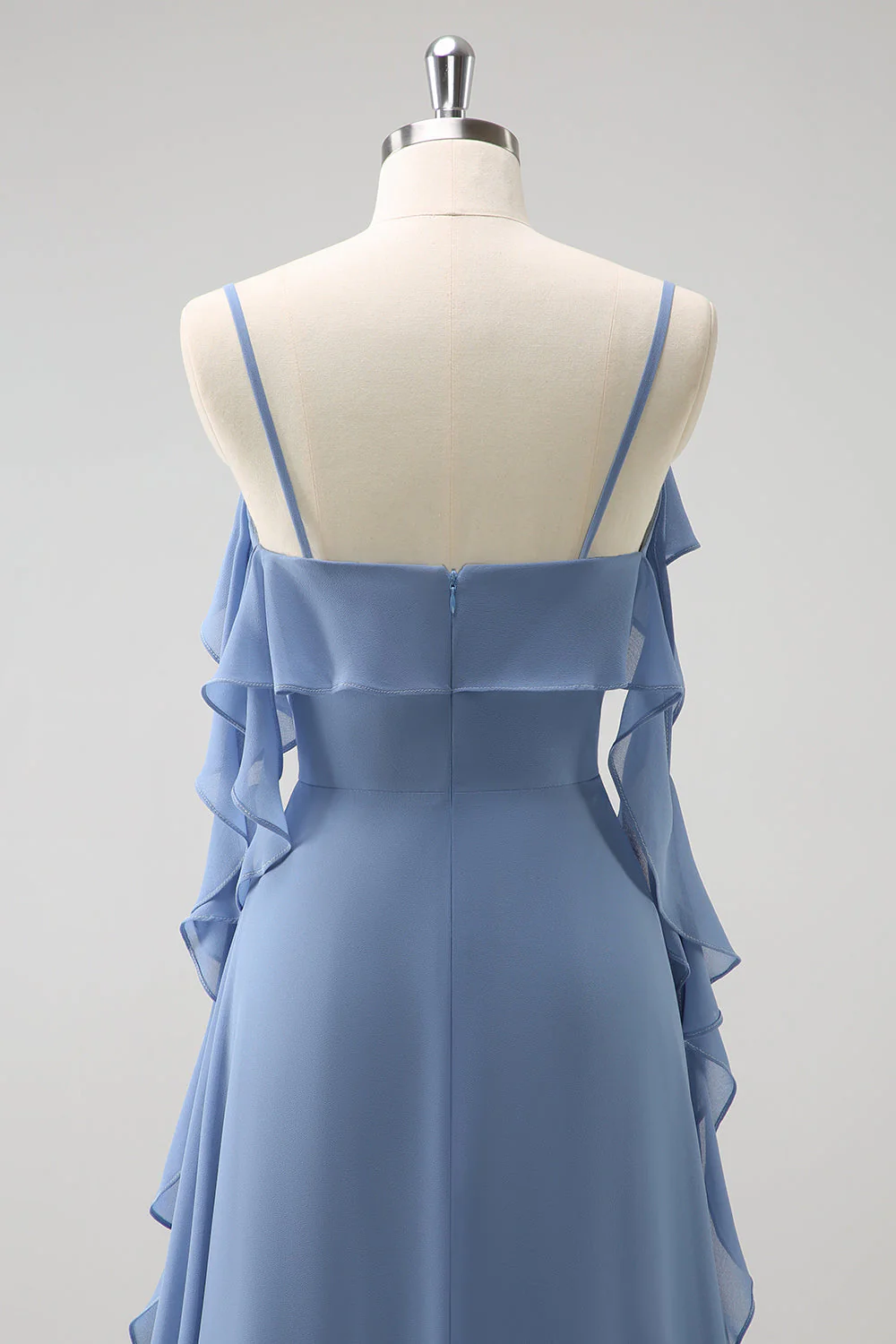 Grey Blue A-Line Spaghetti Straps Chiffon Long Bridesmaid Dress with Slit - Image 5