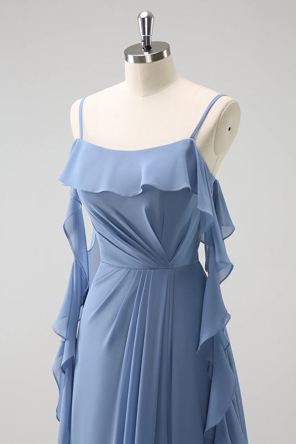 Grey Blue A-Line Spaghetti Straps Chiffon Long Bridesmaid Dress with Slit - Image 6
