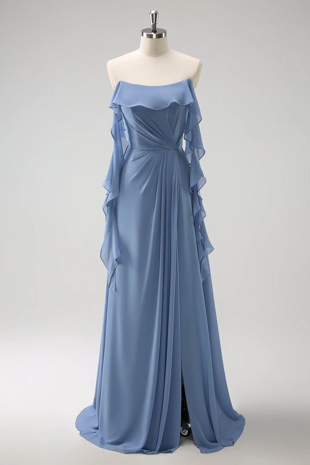Grey Blue A-Line Spaghetti Straps Chiffon Long Bridesmaid Dress with Slit - Image 7