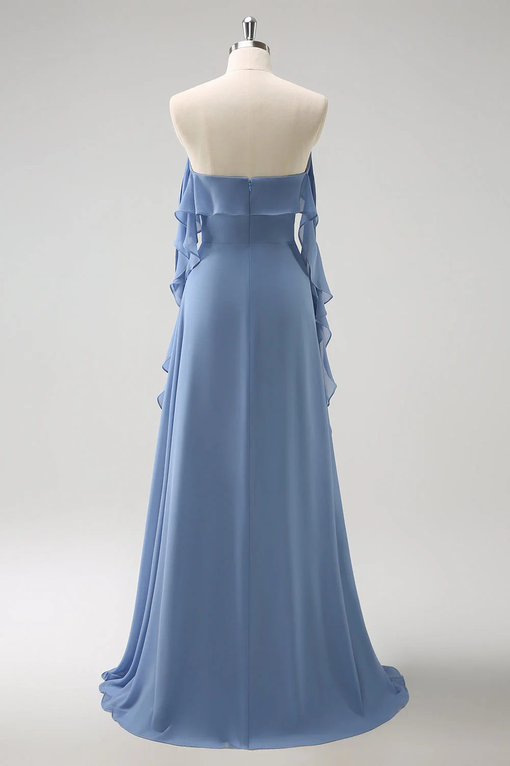 Grey Blue A-Line Spaghetti Straps Chiffon Long Bridesmaid Dress with Slit - Image 8