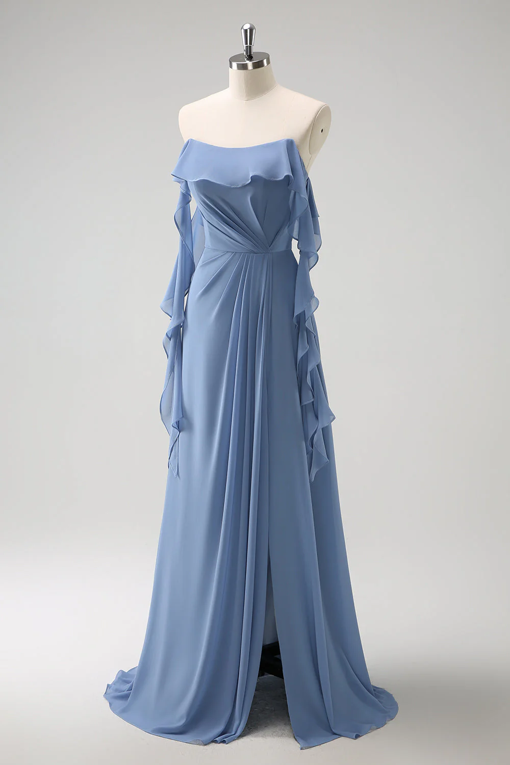Grey Blue A-Line Spaghetti Straps Chiffon Long Bridesmaid Dress with Slit - Image 9