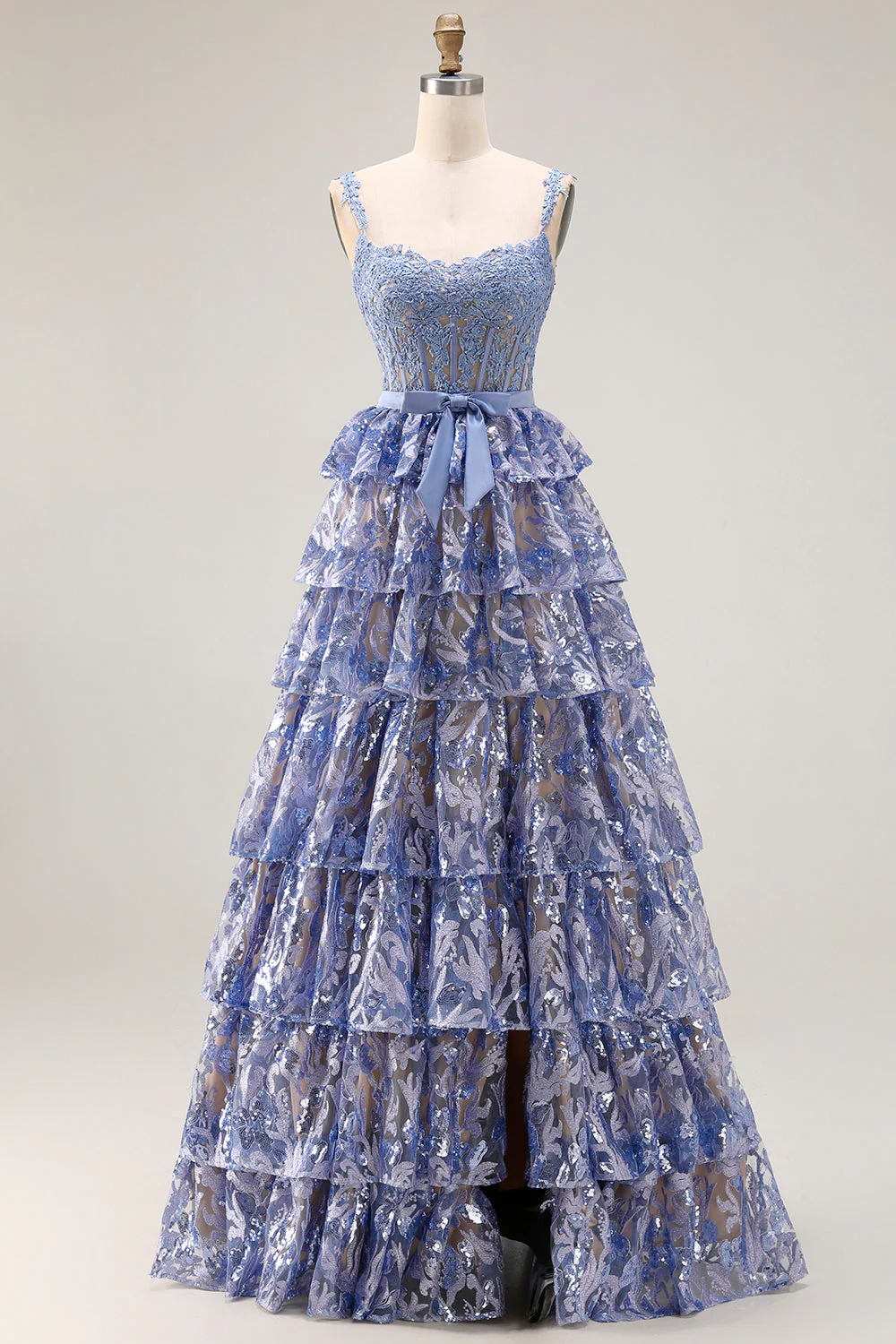 Grey Blue A-Line Tiered Sequin Beaded Corset Long Prom Dress with Slit - Image 7